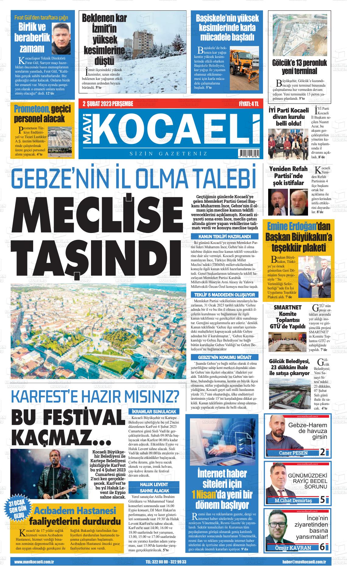 02 Şubat 2023 Mavi Kocaeli Gazete Manşeti