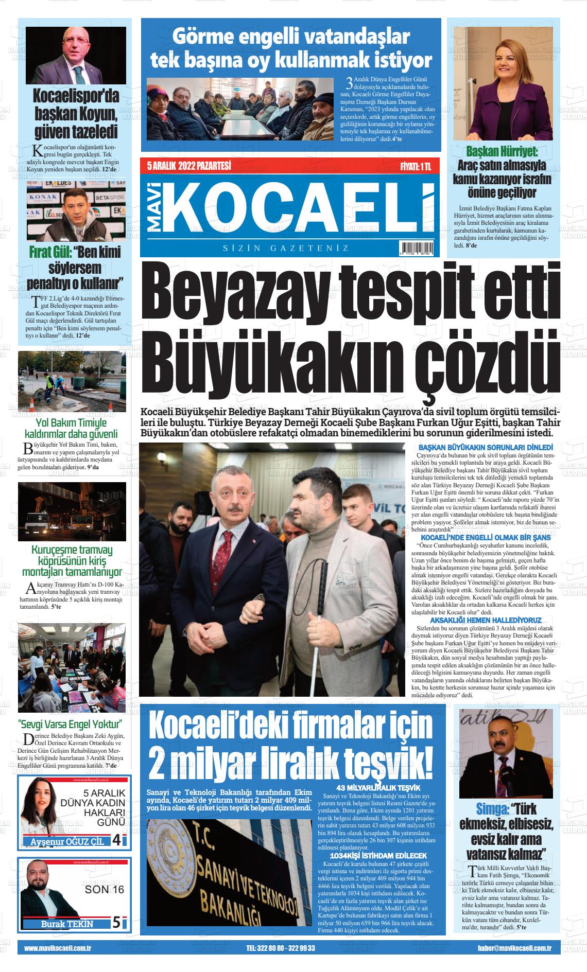 05 Aralık 2022 Mavi Kocaeli Gazete Manşeti