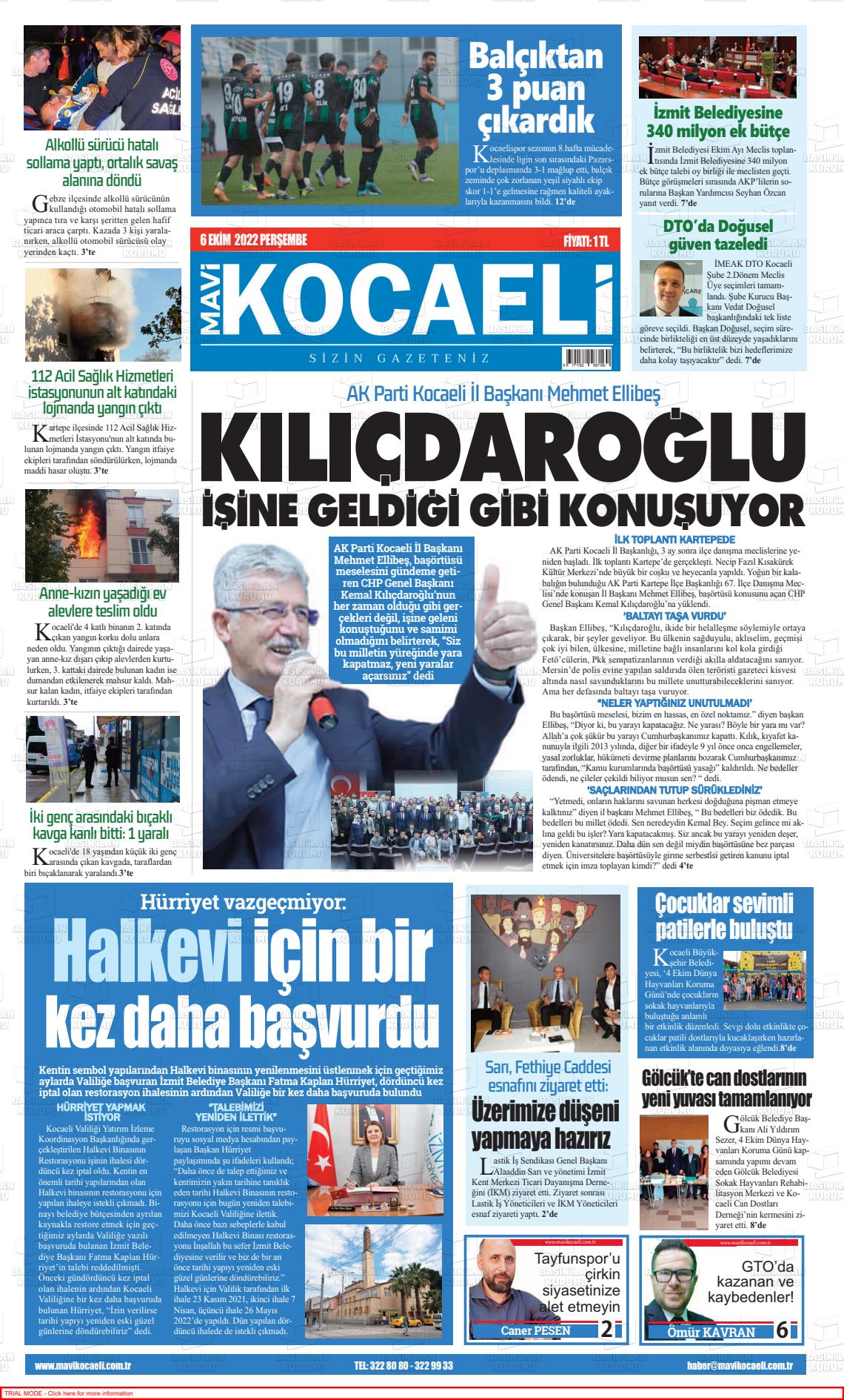 06 Ekim 2022 Mavi Kocaeli Gazete Manşeti
