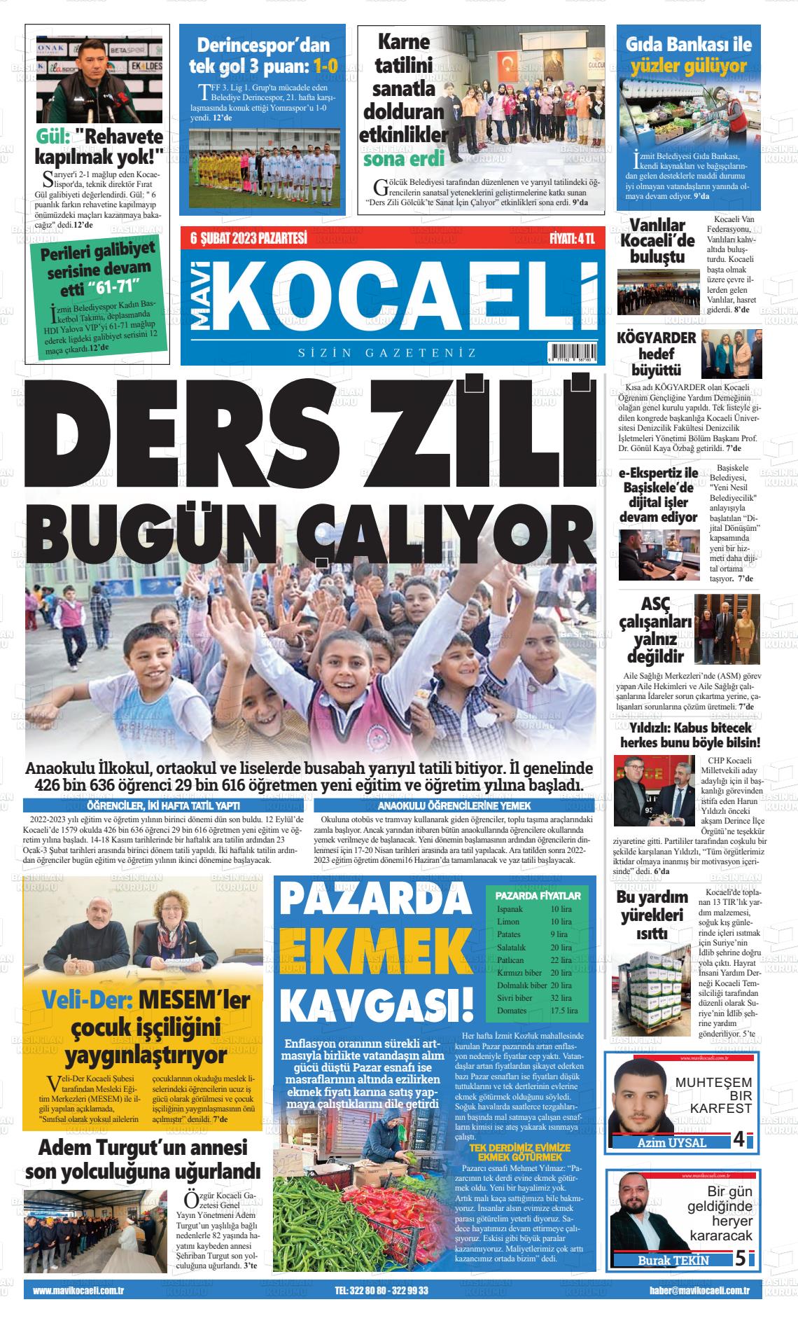 06 Şubat 2023 Mavi Kocaeli Gazete Manşeti