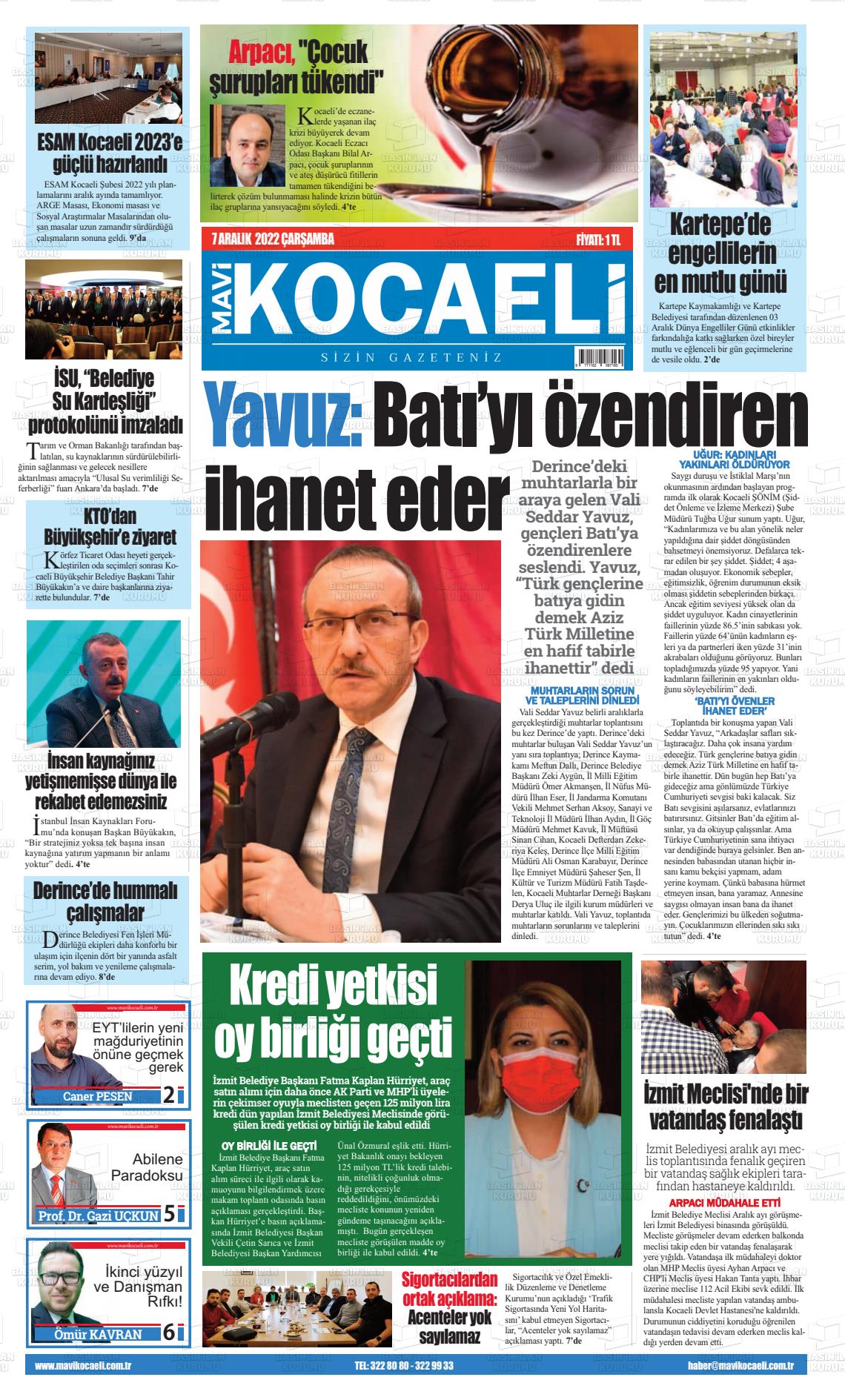 07 Aralık 2022 Mavi Kocaeli Gazete Manşeti