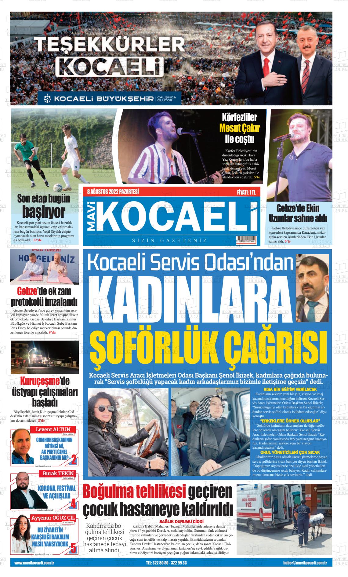 08 Ağustos 2022 Mavi Kocaeli Gazete Manşeti