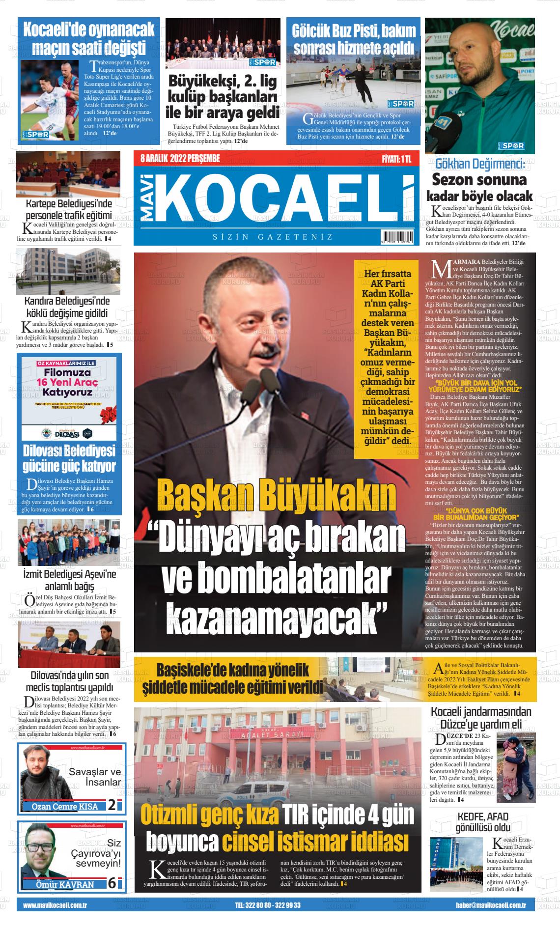 08 Aralık 2022 Mavi Kocaeli Gazete Manşeti