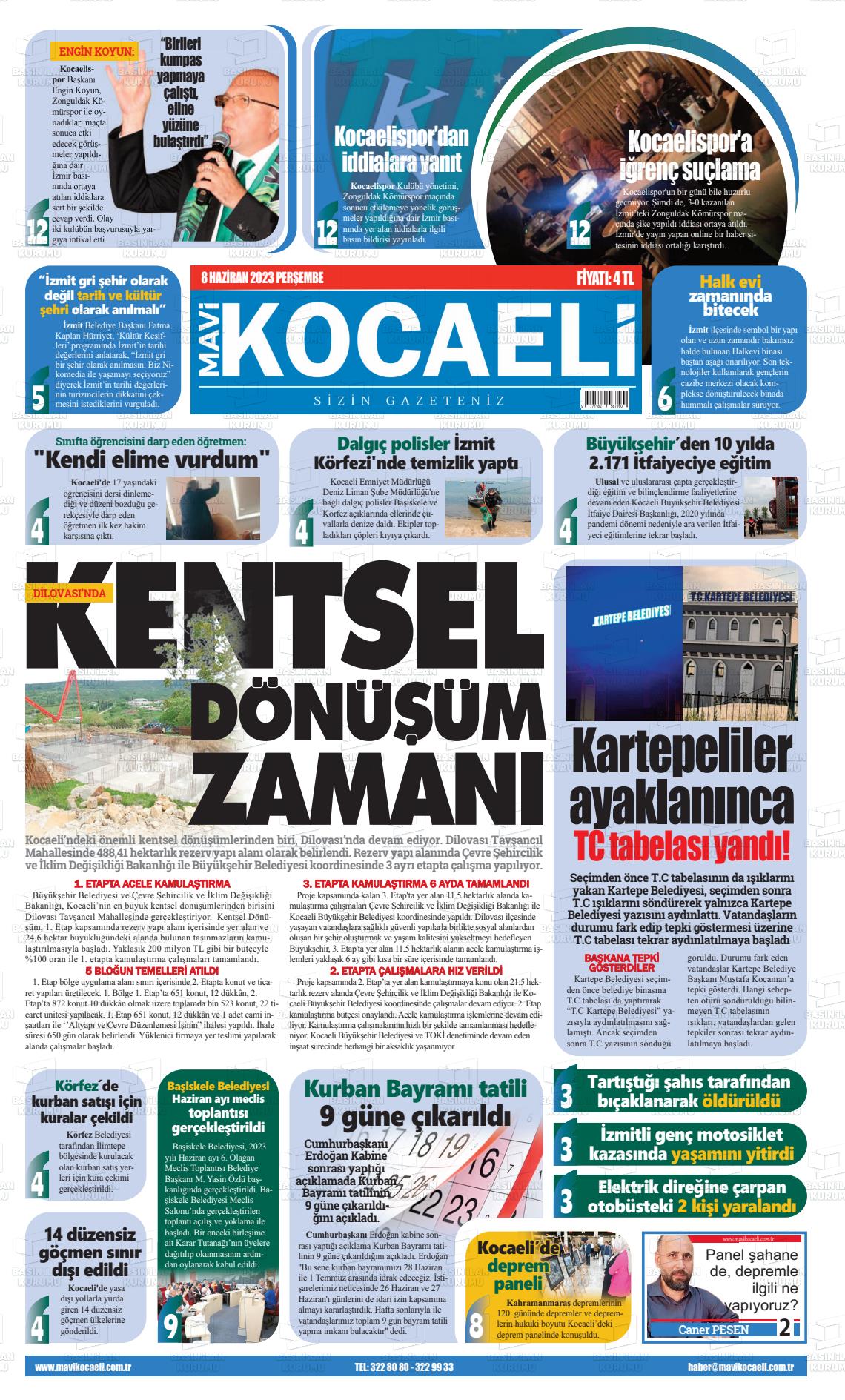 08 Haziran 2023 Mavi Kocaeli Gazete Manşeti
