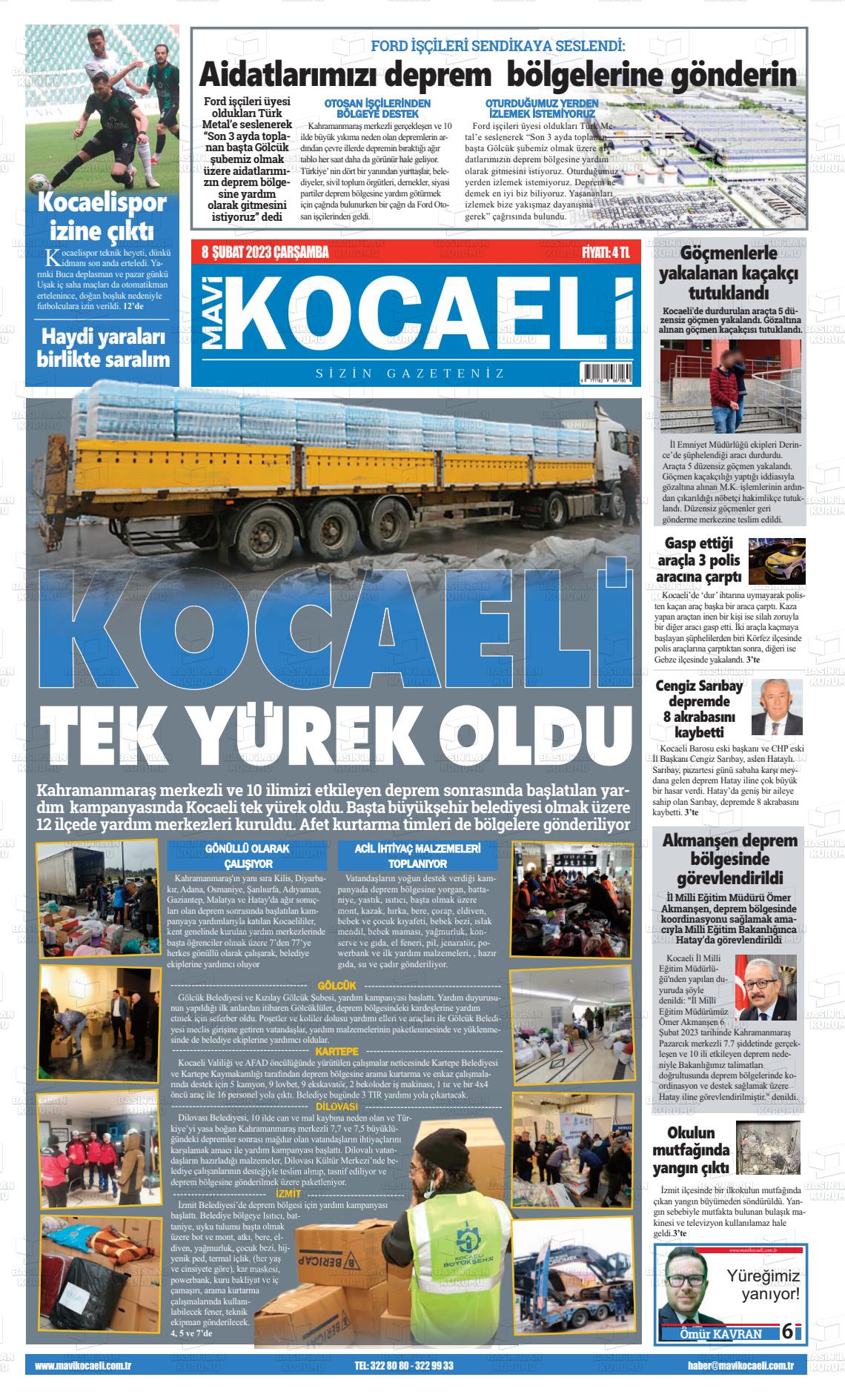 08 Şubat 2023 Mavi Kocaeli Gazete Manşeti