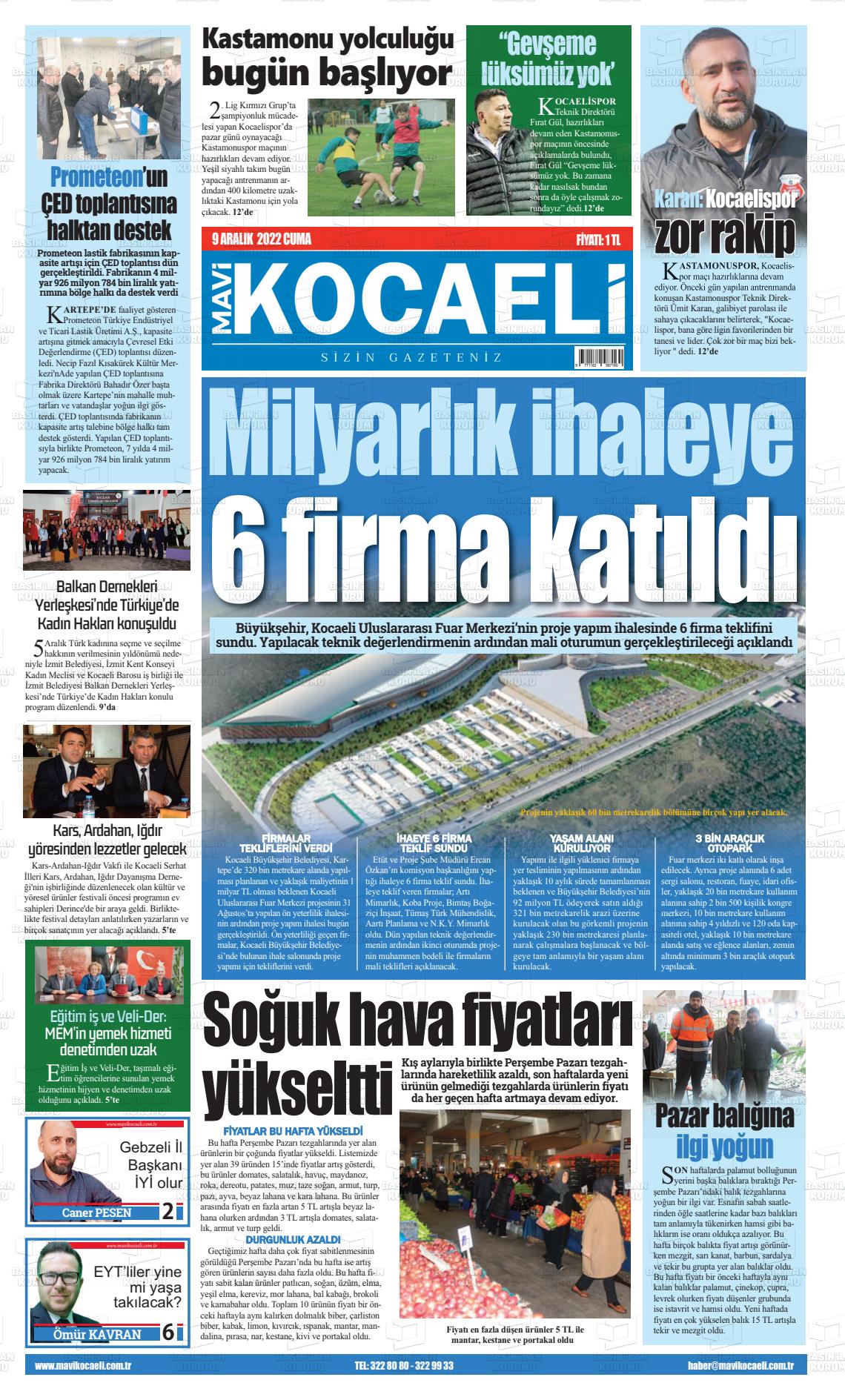 09 Aralık 2022 Mavi Kocaeli Gazete Manşeti