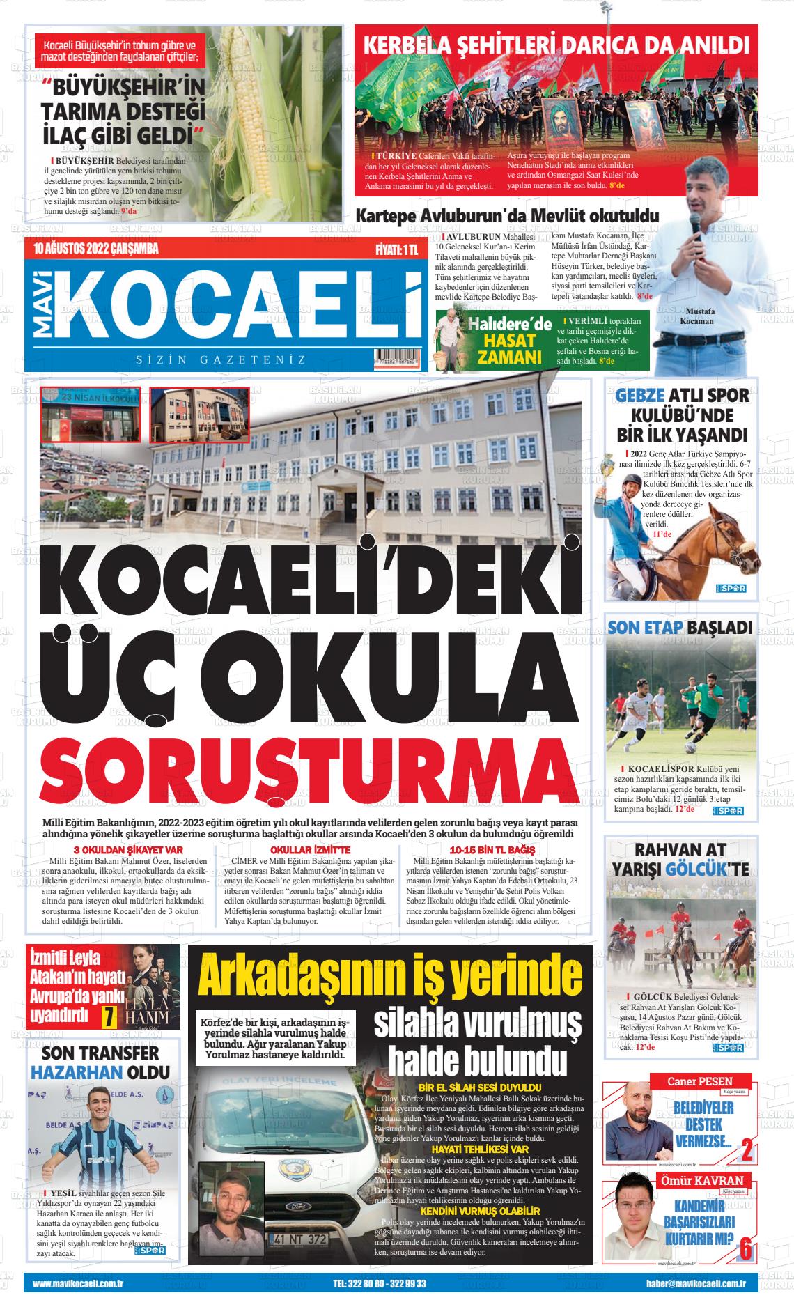 10 Ağustos 2022 Mavi Kocaeli Gazete Manşeti
