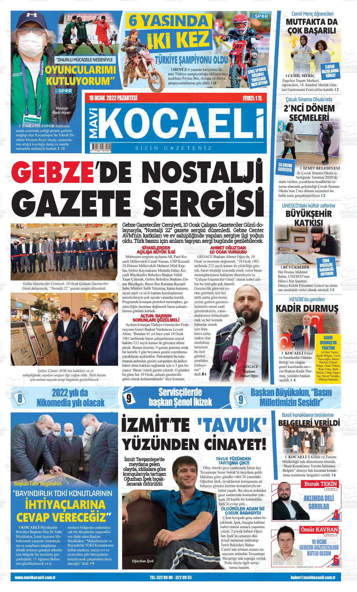 10 Ocak 2022 Mavi Kocaeli Gazete Manşeti