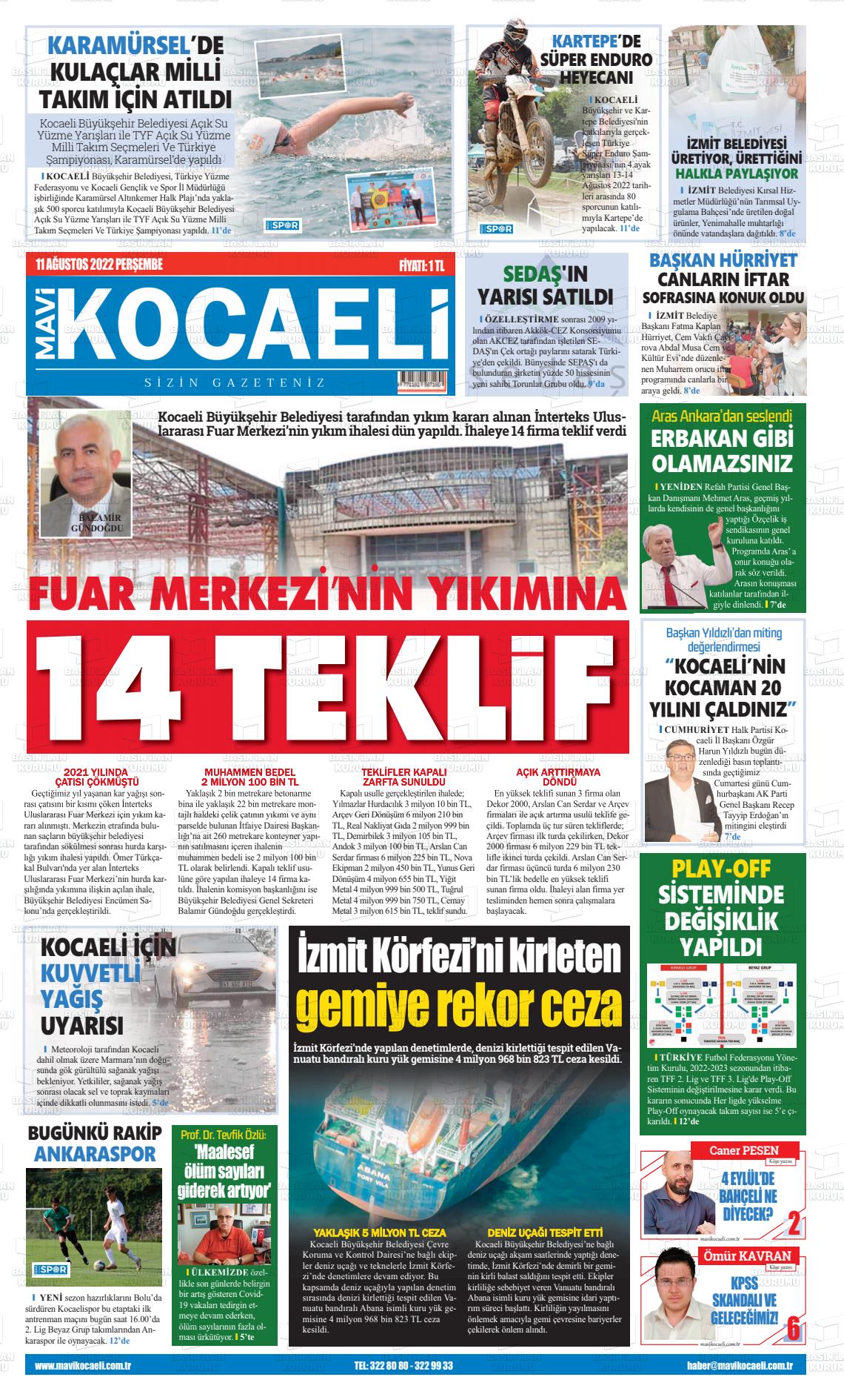 11 Ağustos 2022 Mavi Kocaeli Gazete Manşeti