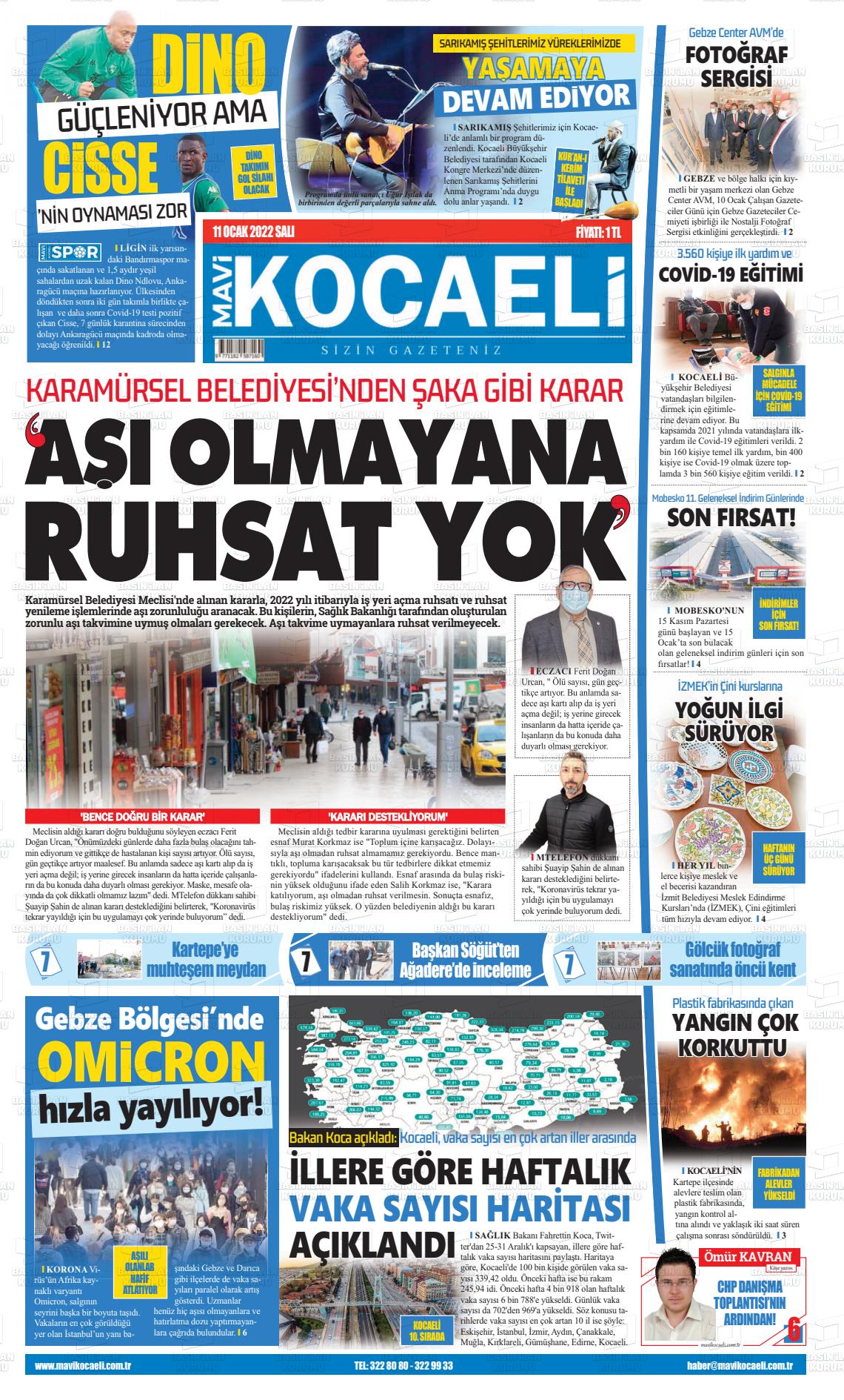 11 Ocak 2022 Mavi Kocaeli Gazete Manşeti