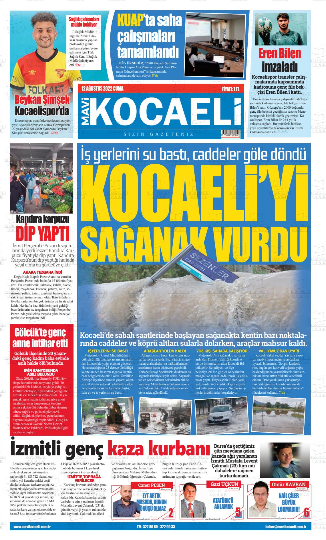 12 Ağustos 2022 Mavi Kocaeli Gazete Manşeti