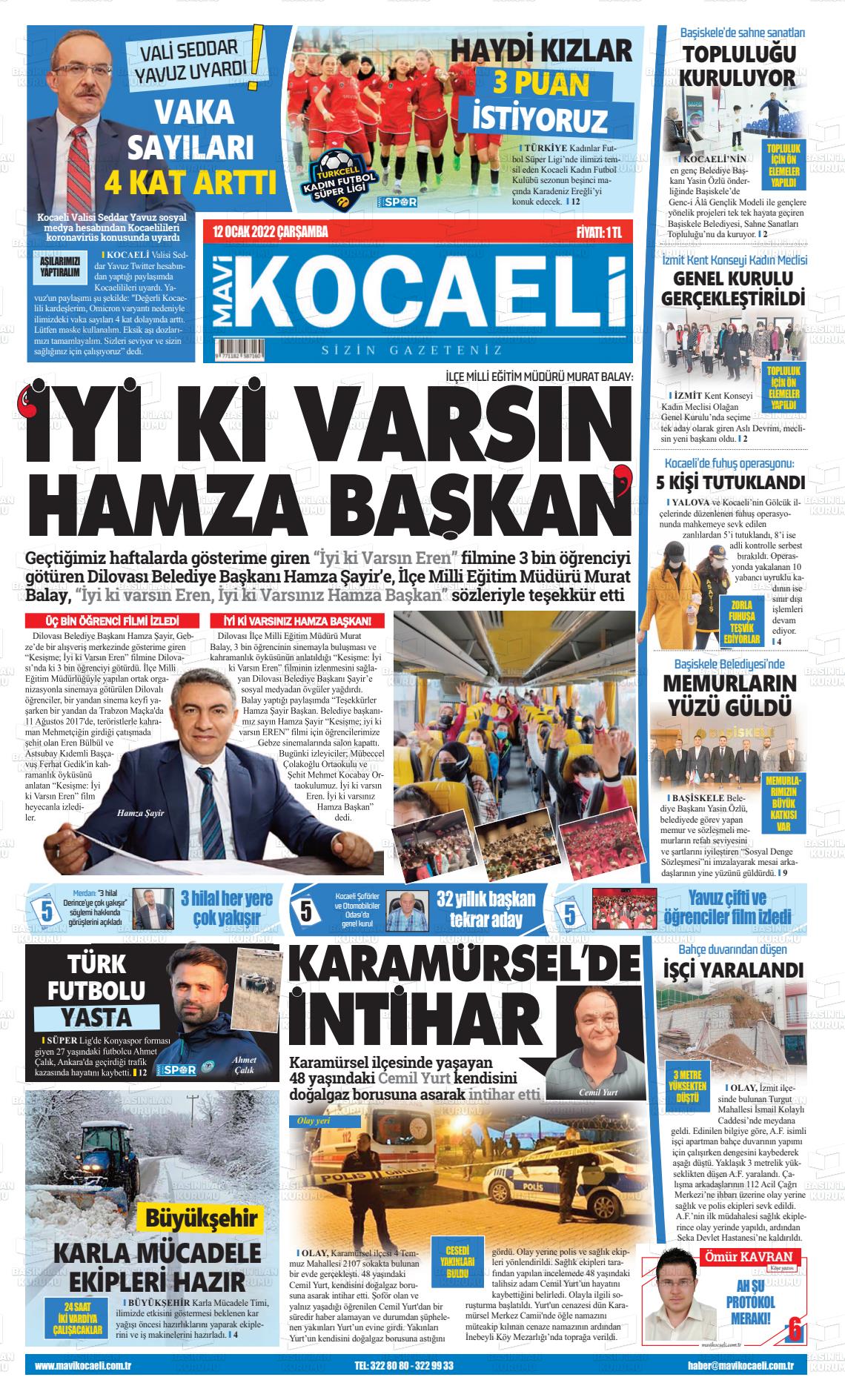 12 Ocak 2022 Mavi Kocaeli Gazete Manşeti