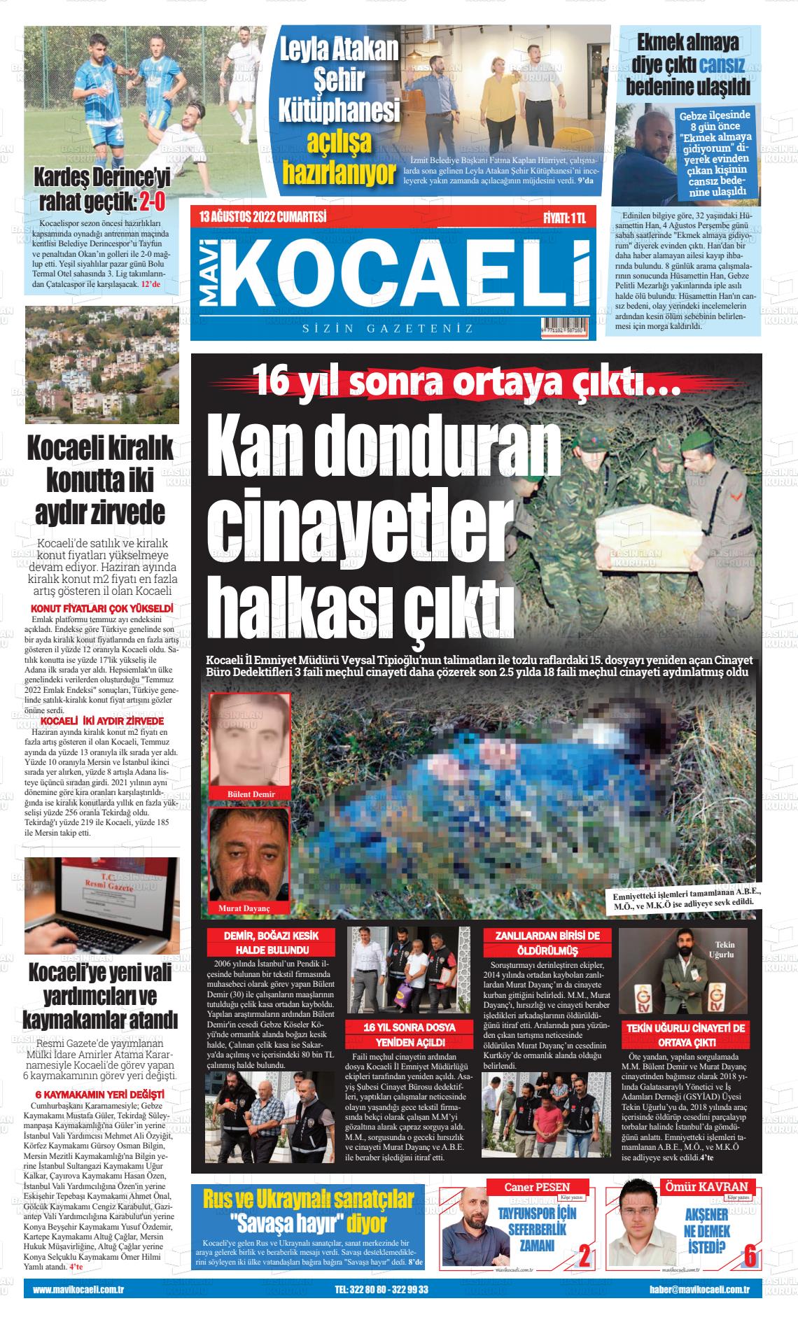 13 Ağustos 2022 Mavi Kocaeli Gazete Manşeti