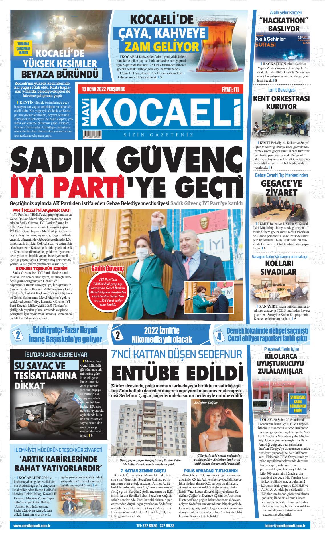 13 Ocak 2022 Mavi Kocaeli Gazete Manşeti