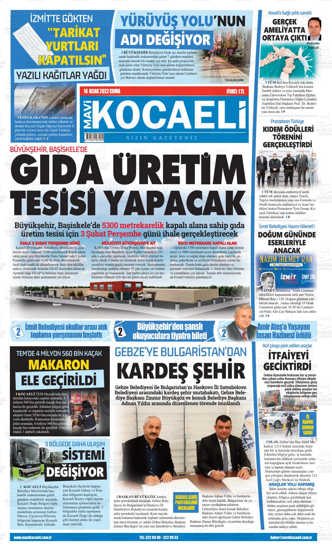 14 Ocak 2022 Mavi Kocaeli Gazete Manşeti