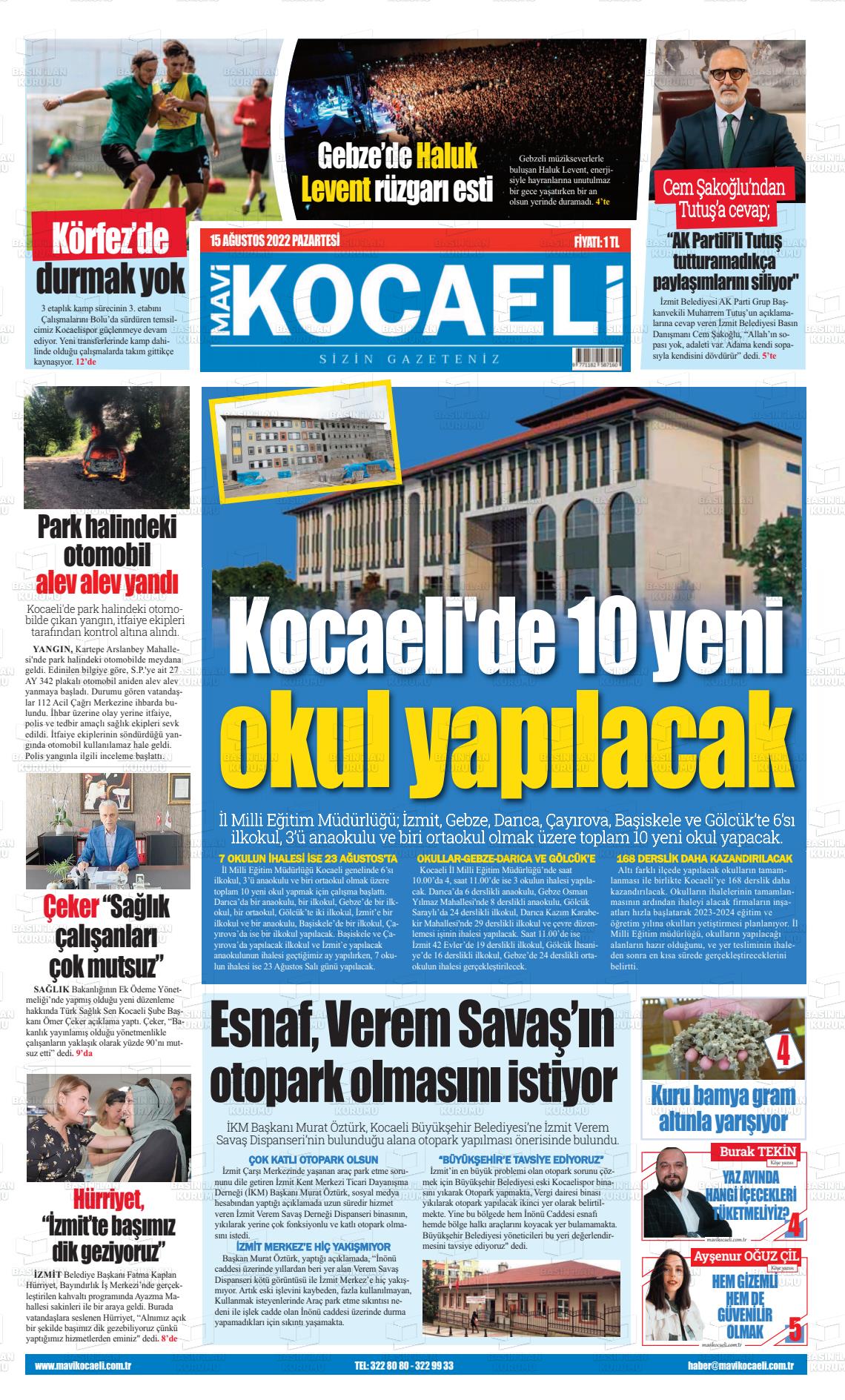 15 Ağustos 2022 Mavi Kocaeli Gazete Manşeti