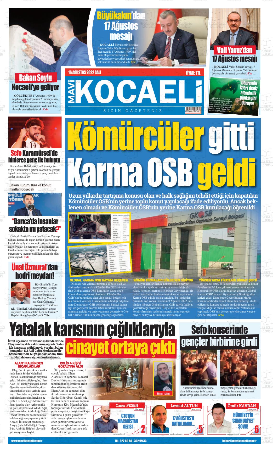 16 Ağustos 2022 Mavi Kocaeli Gazete Manşeti