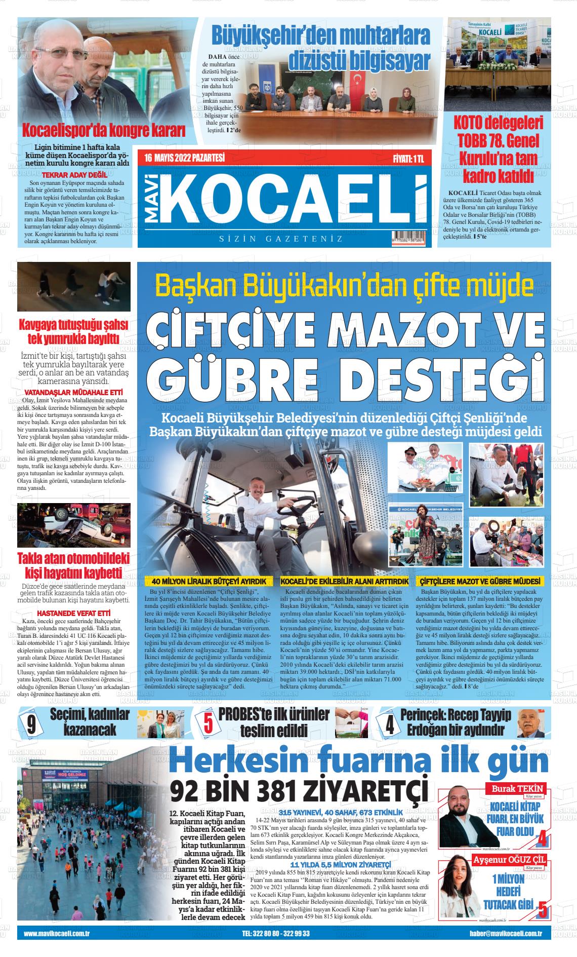 16 Mayıs 2022 Mavi Kocaeli Gazete Manşeti