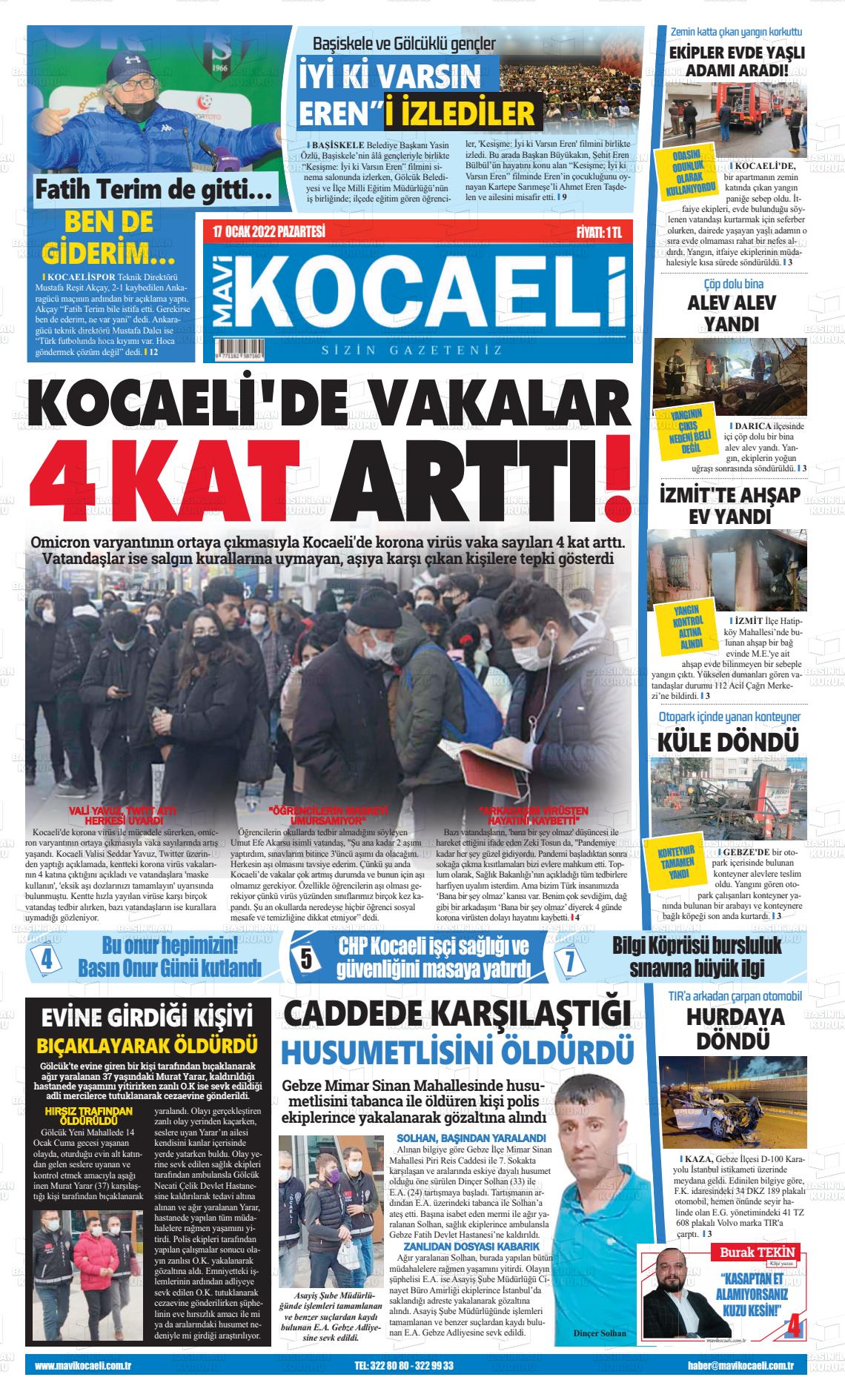 17 Ocak 2022 Mavi Kocaeli Gazete Manşeti