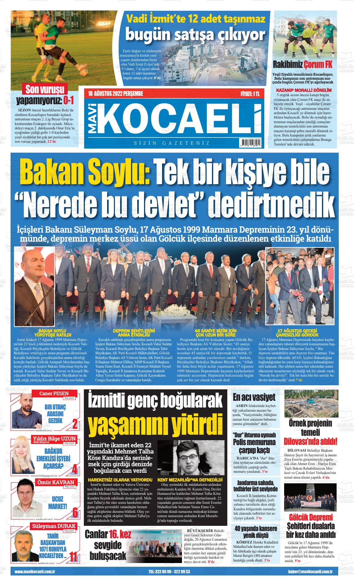 18 Ağustos 2022 Mavi Kocaeli Gazete Manşeti