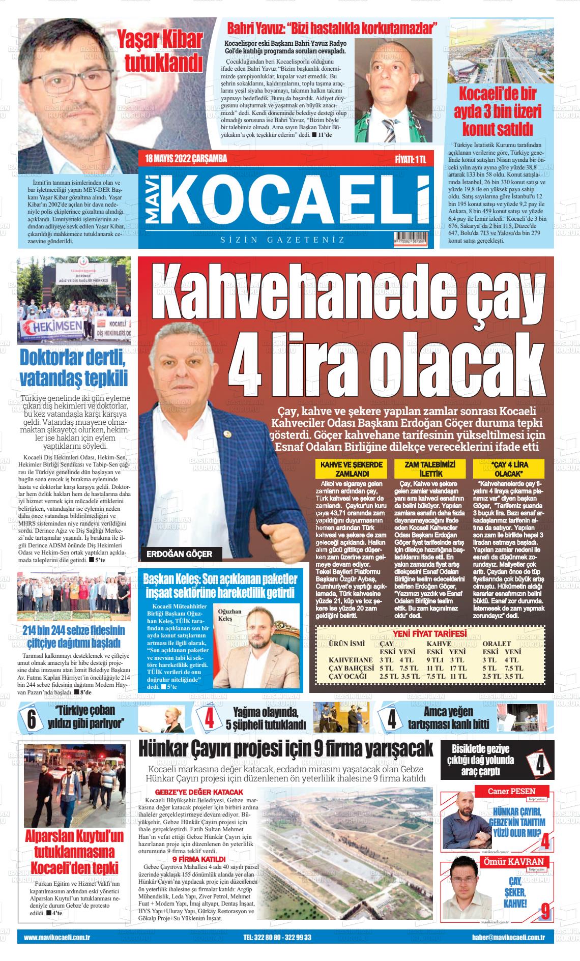 18 Mayıs 2022 Mavi Kocaeli Gazete Manşeti