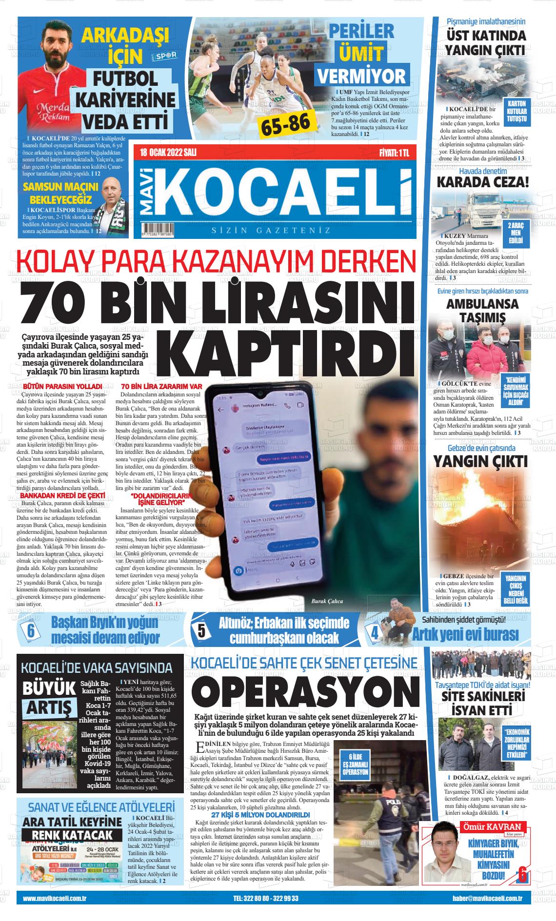 18 Ocak 2022 Mavi Kocaeli Gazete Manşeti
