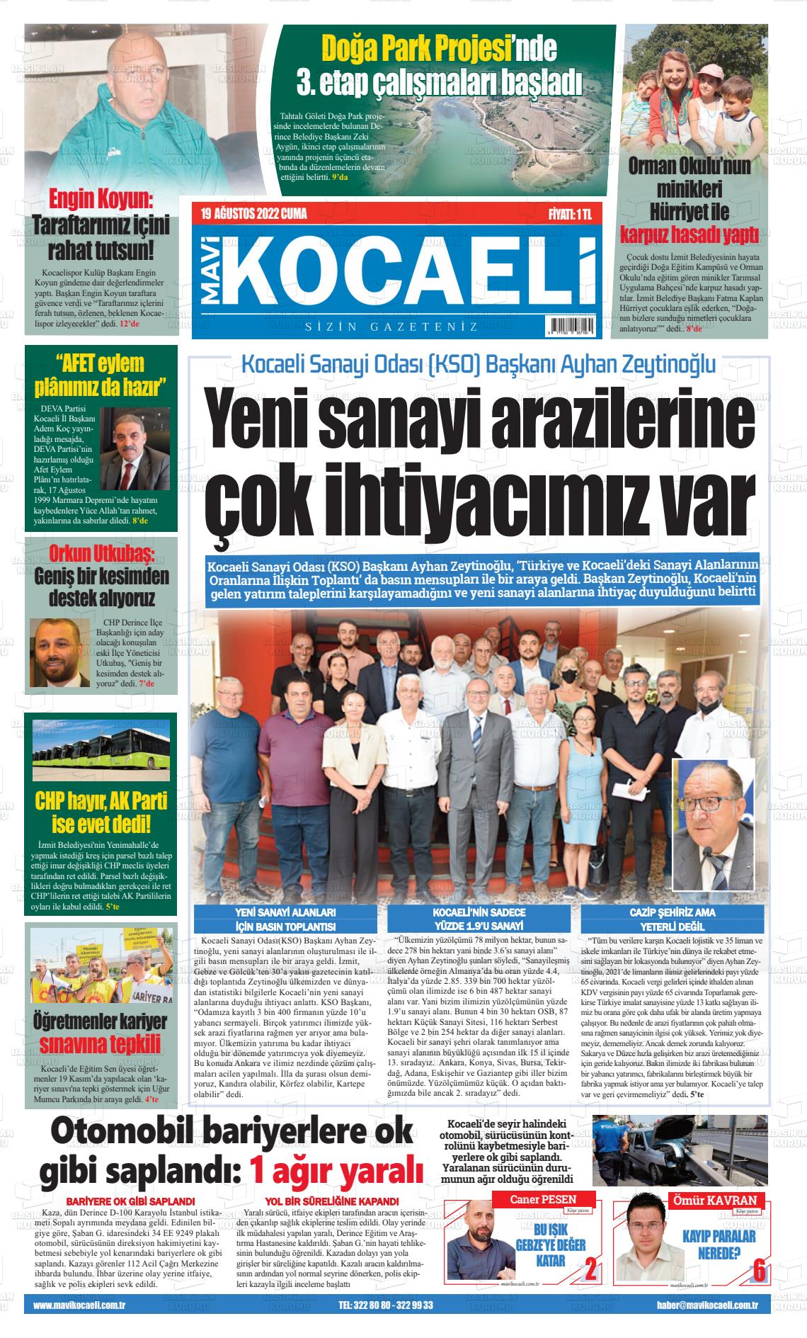 19 Ağustos 2022 Mavi Kocaeli Gazete Manşeti