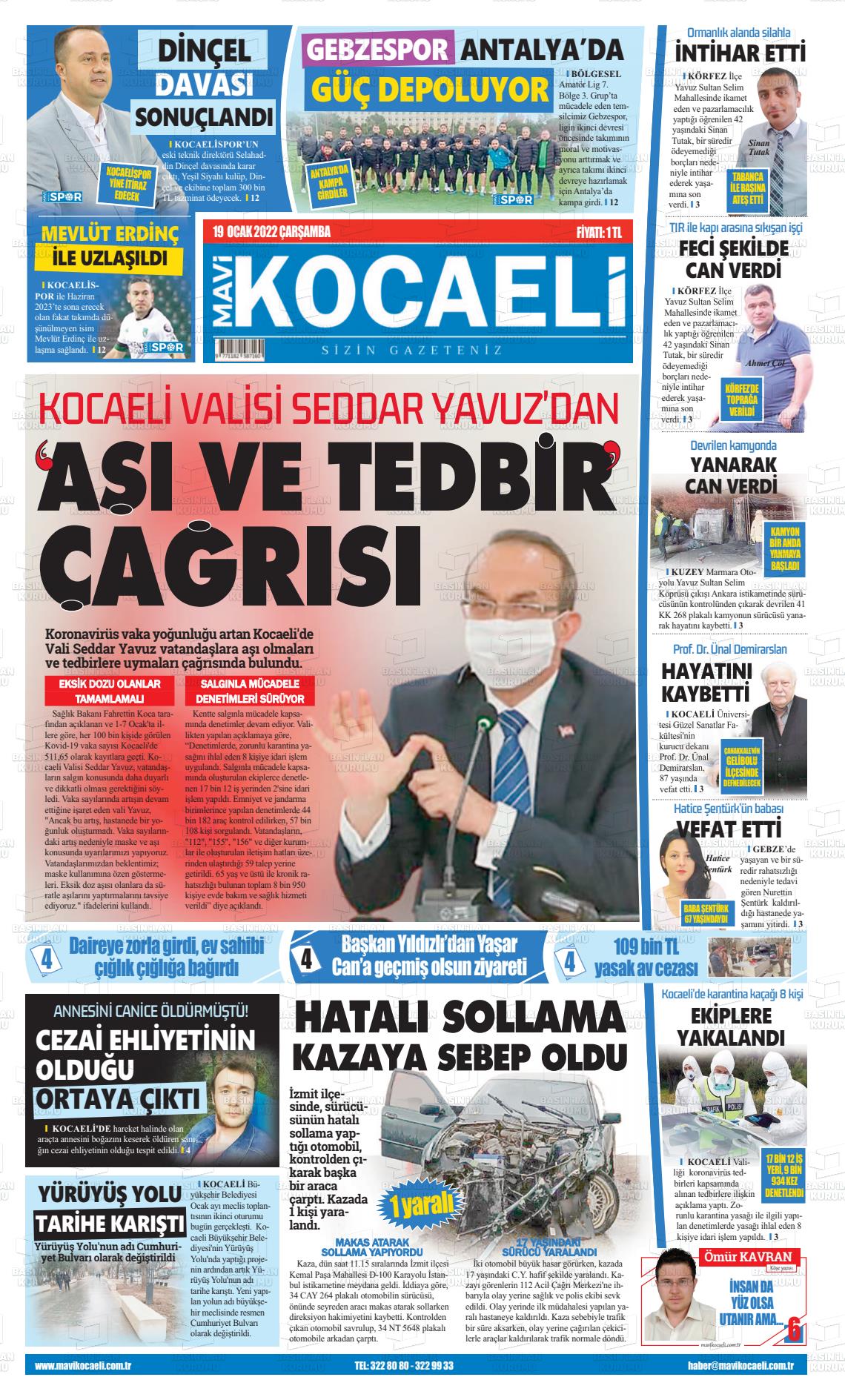 19 Ocak 2022 Mavi Kocaeli Gazete Manşeti