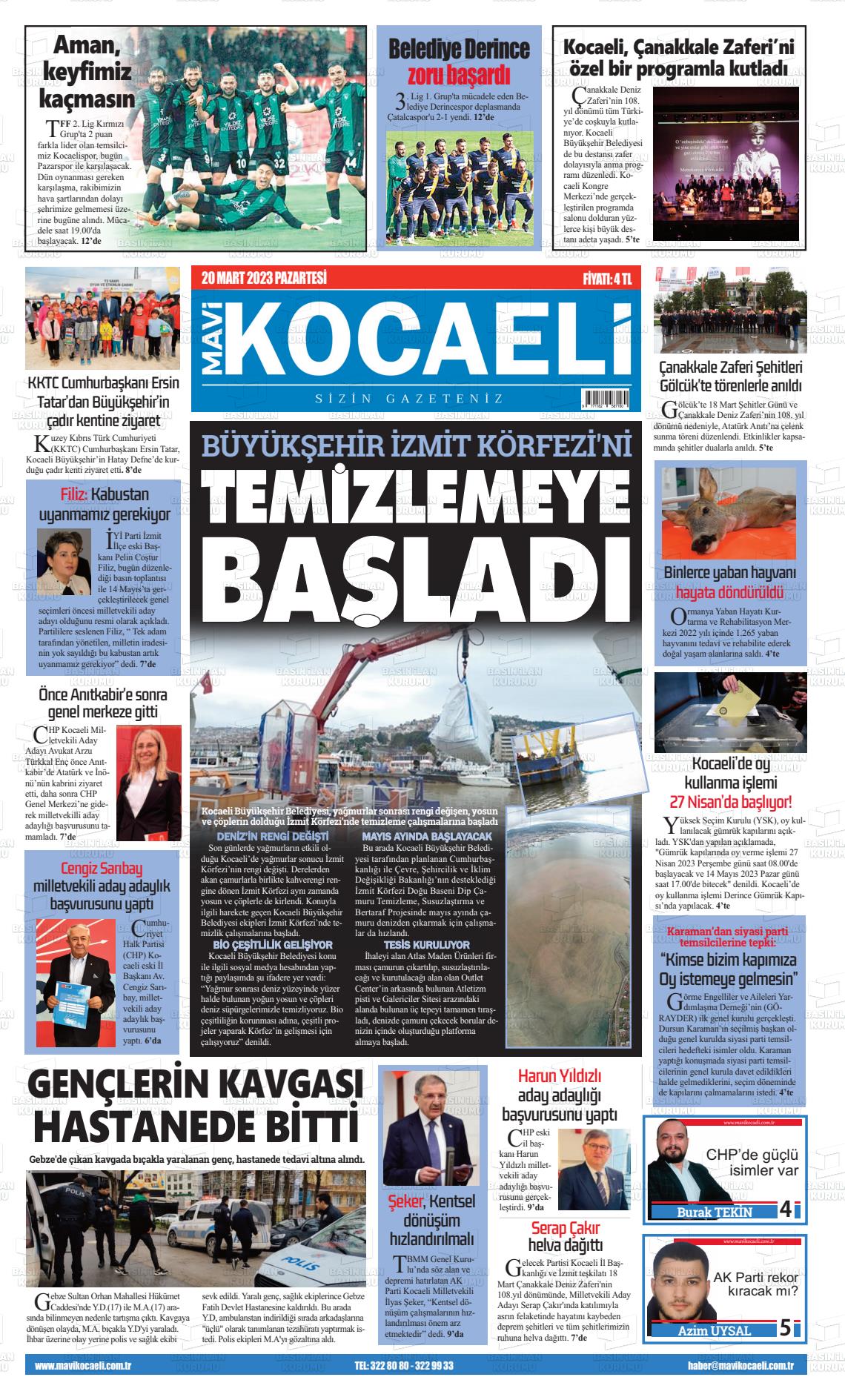 20 Mart 2023 Mavi Kocaeli Gazete Manşeti