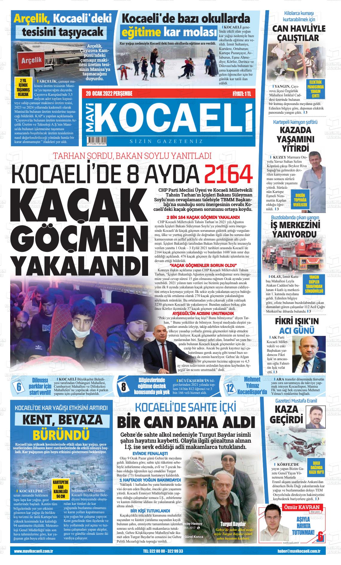 20 Ocak 2022 Mavi Kocaeli Gazete Manşeti