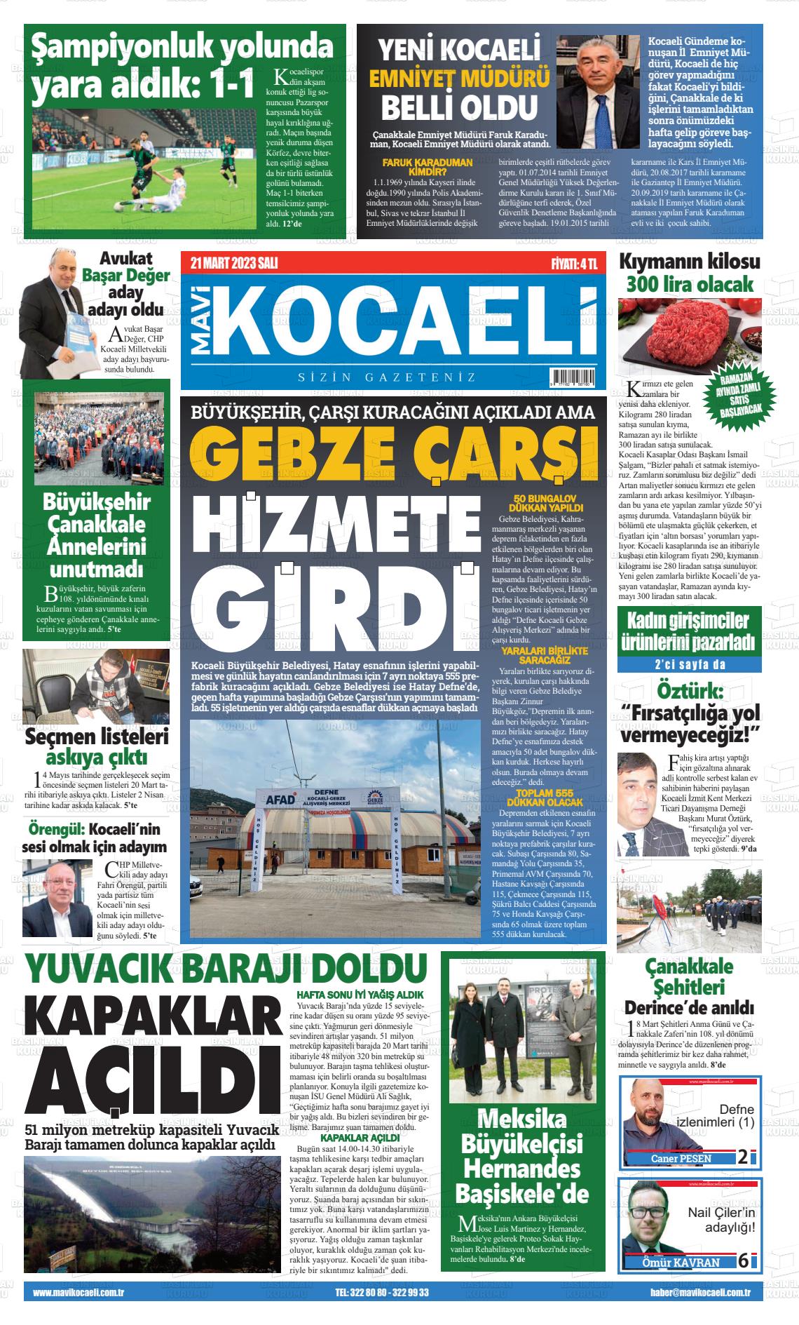 21 Mart 2023 Mavi Kocaeli Gazete Manşeti