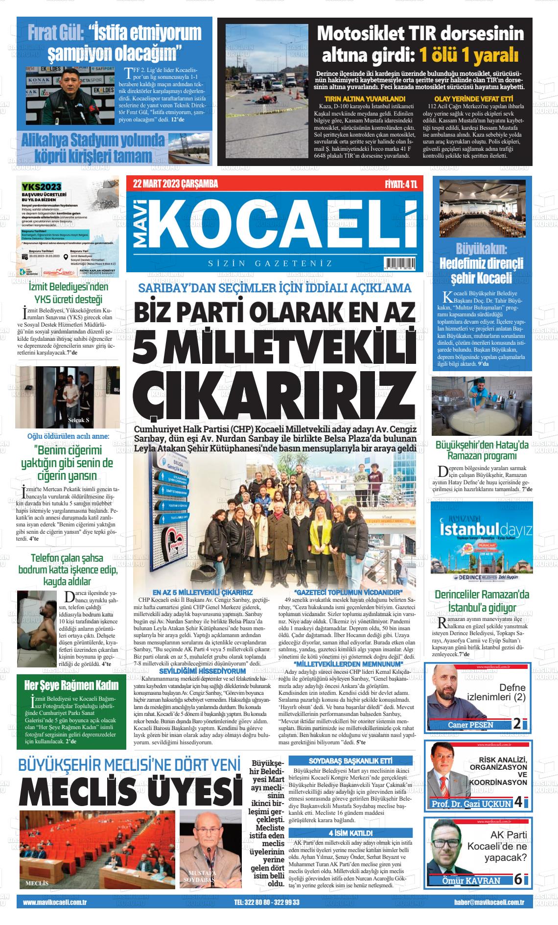 22 Mart 2023 Mavi Kocaeli Gazete Manşeti