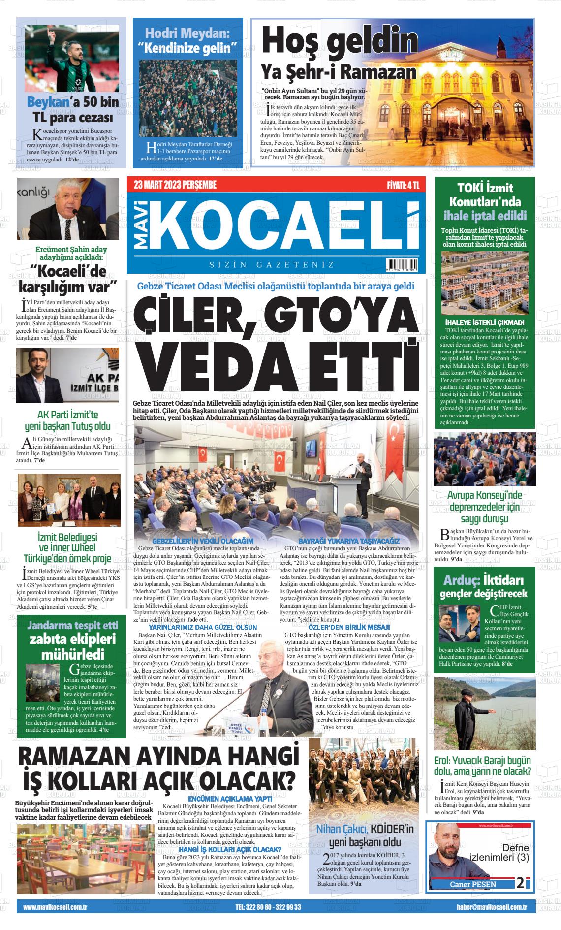 23 Mart 2023 Mavi Kocaeli Gazete Manşeti