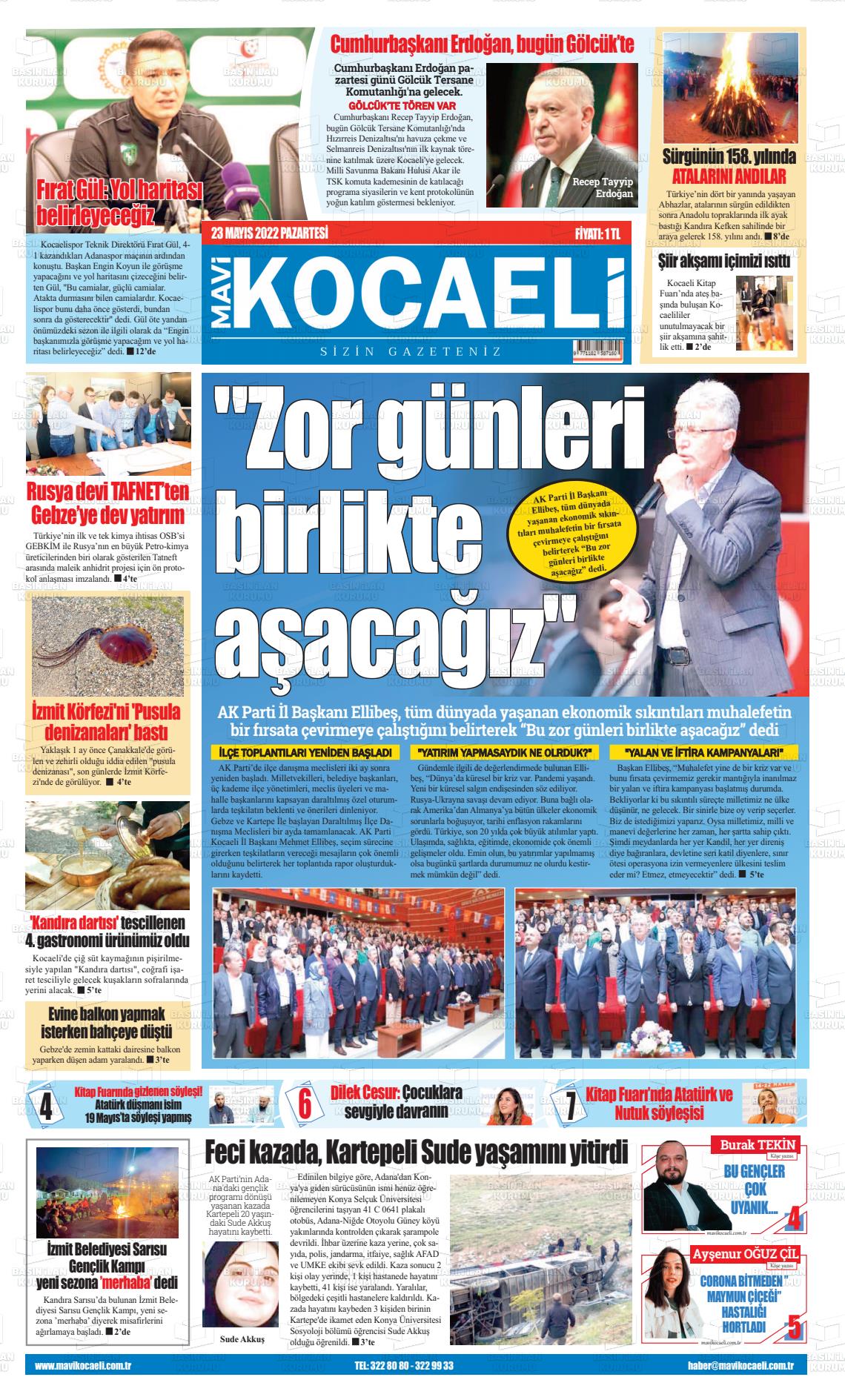 23 Mayıs 2022 Mavi Kocaeli Gazete Manşeti