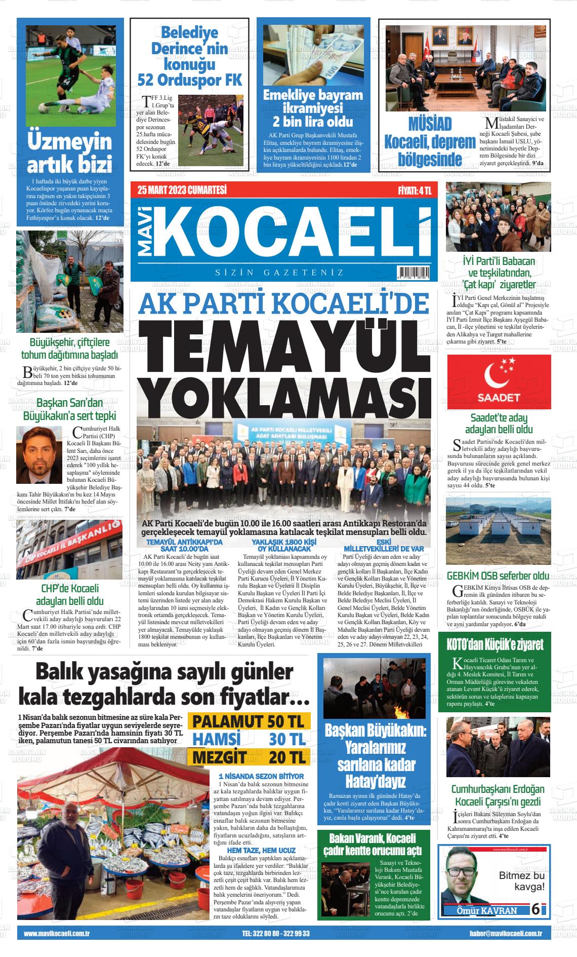 25 Mart 2023 Mavi Kocaeli Gazete Manşeti