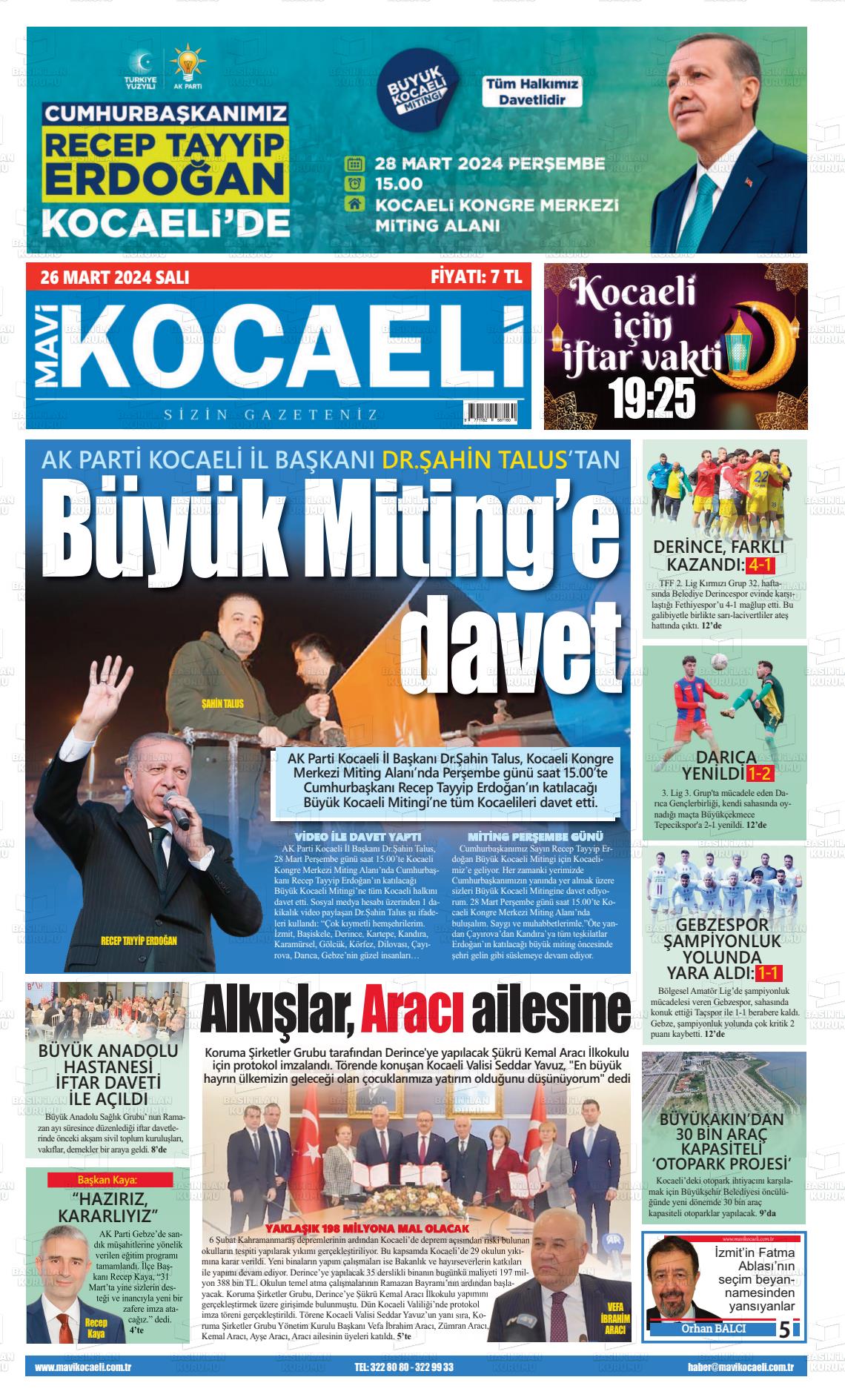 26 Mart 2024 Mavi Kocaeli Gazete Manşeti