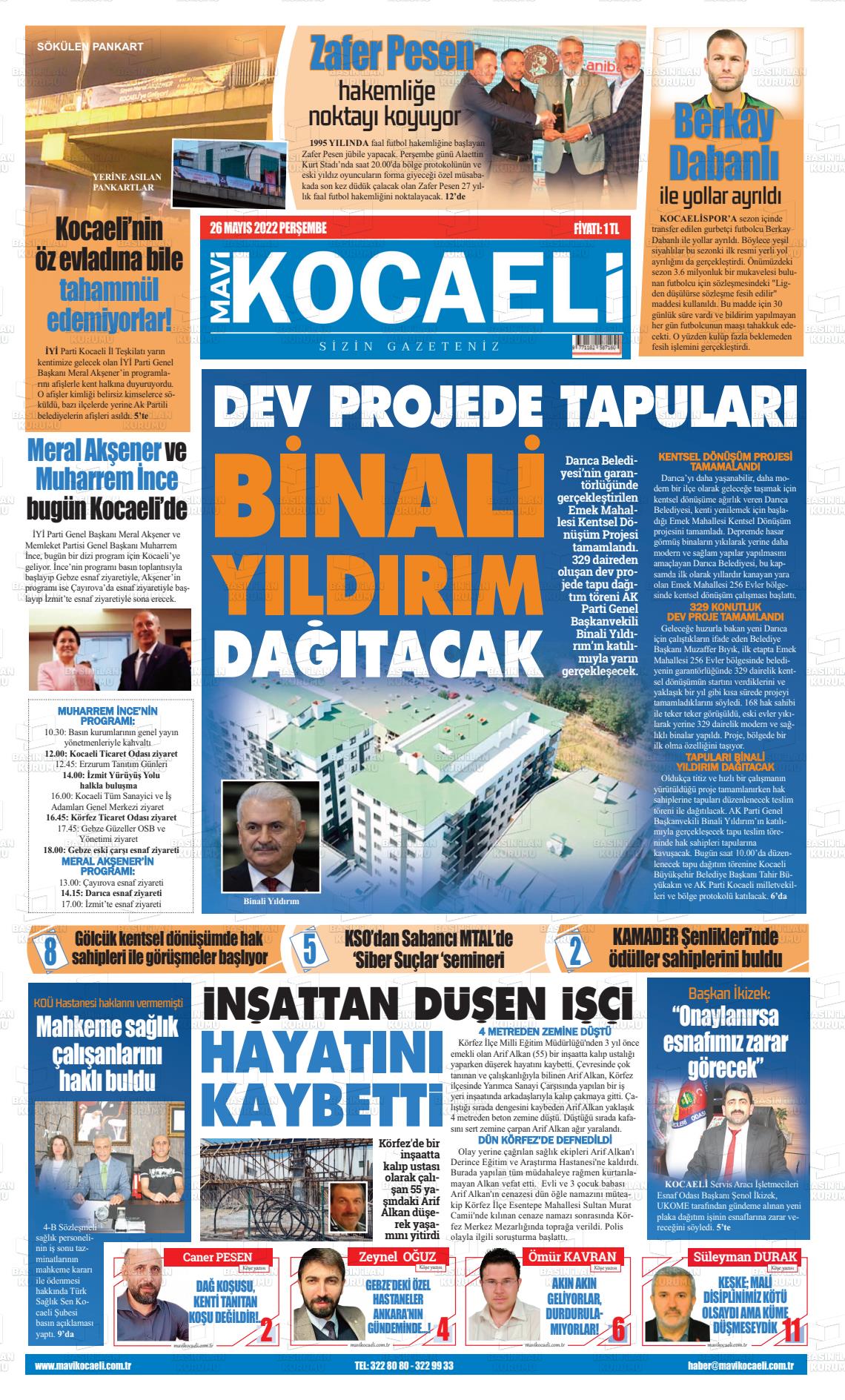 26 Mayıs 2022 Mavi Kocaeli Gazete Manşeti