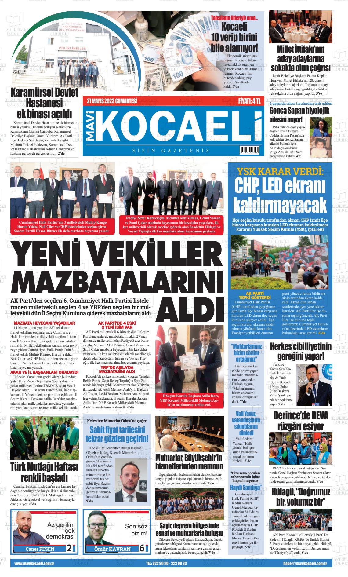 27 Mayıs 2023 Mavi Kocaeli Gazete Manşeti