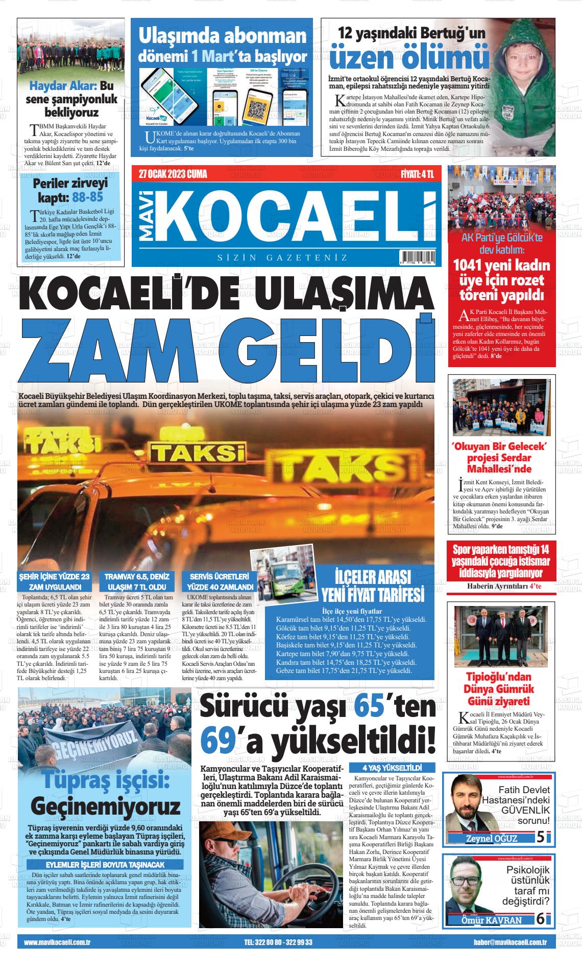 27 Ocak 2023 Mavi Kocaeli Gazete Manşeti
