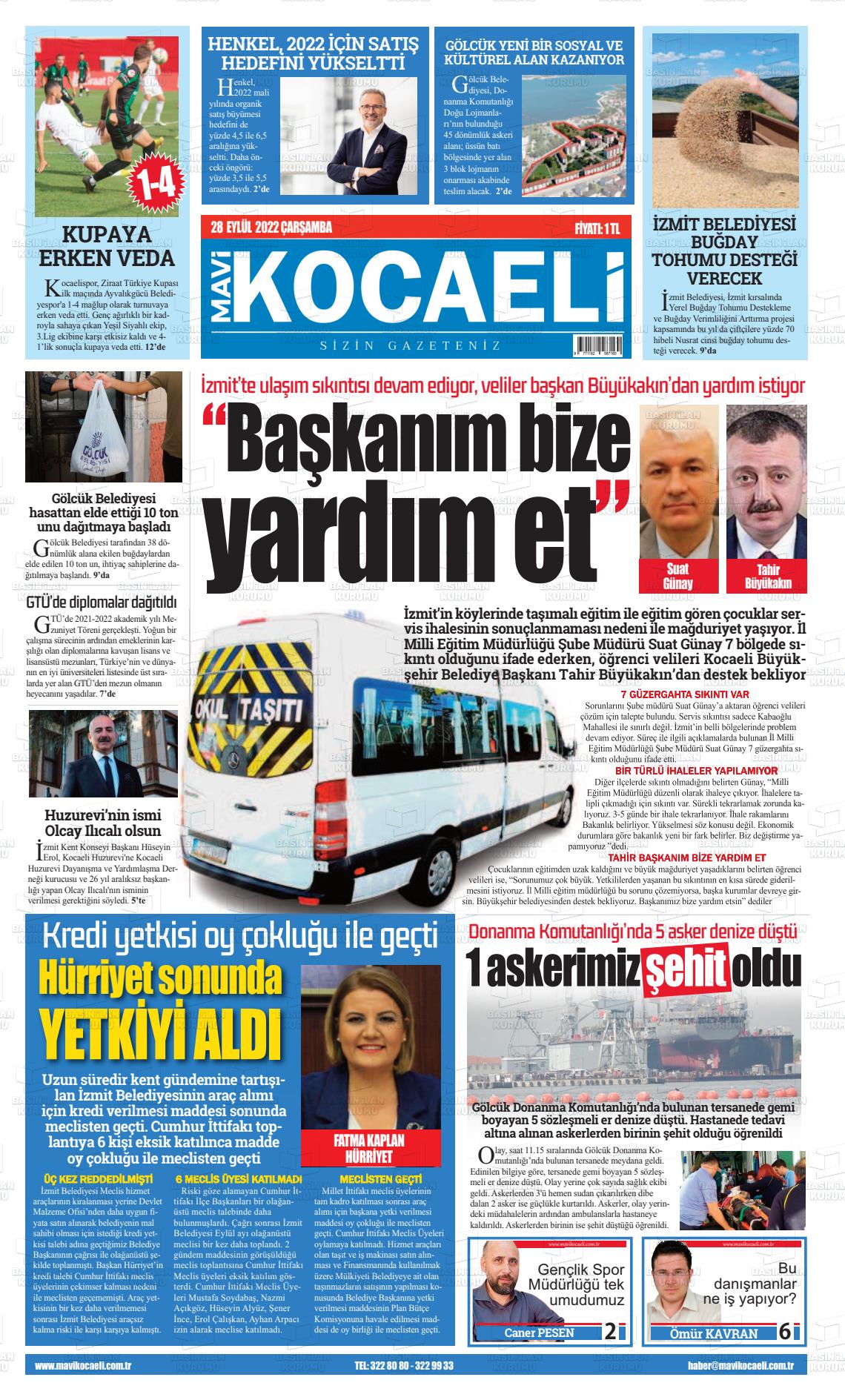 28 Eylül 2022 Mavi Kocaeli Gazete Manşeti