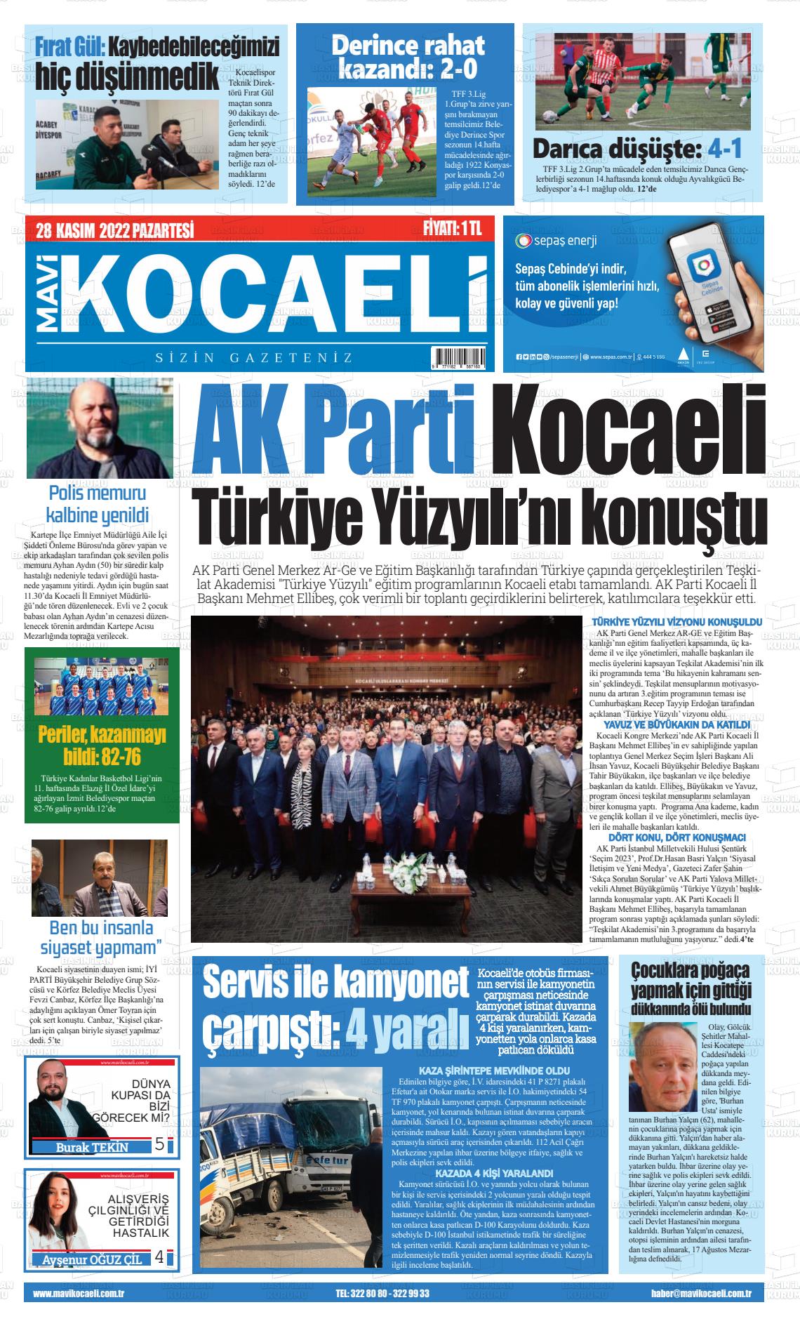 28 Kasım 2022 Mavi Kocaeli Gazete Manşeti