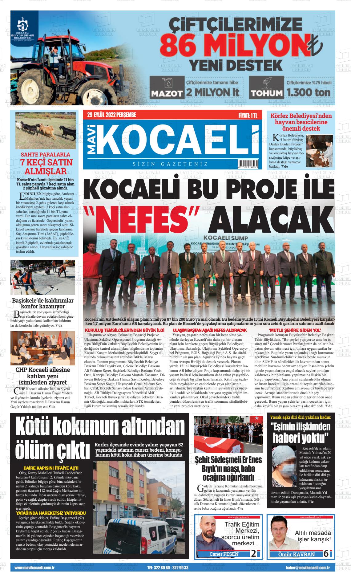 29 Eylül 2022 Mavi Kocaeli Gazete Manşeti