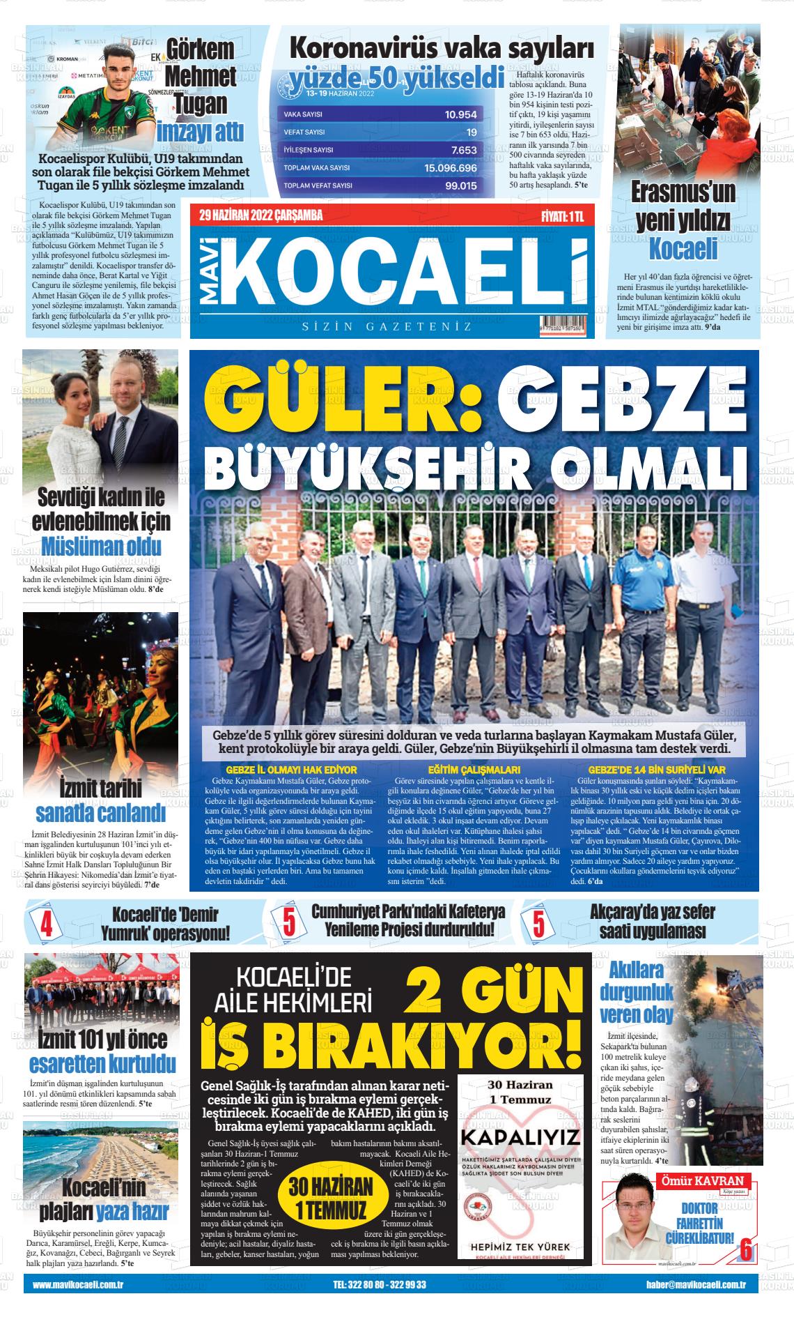 29 Haziran 2022 Mavi Kocaeli Gazete Manşeti