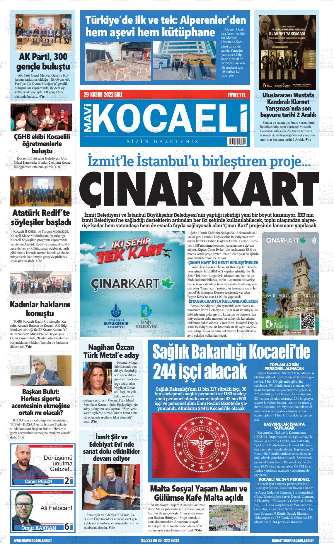 29 Kasım 2022 Mavi Kocaeli Gazete Manşeti