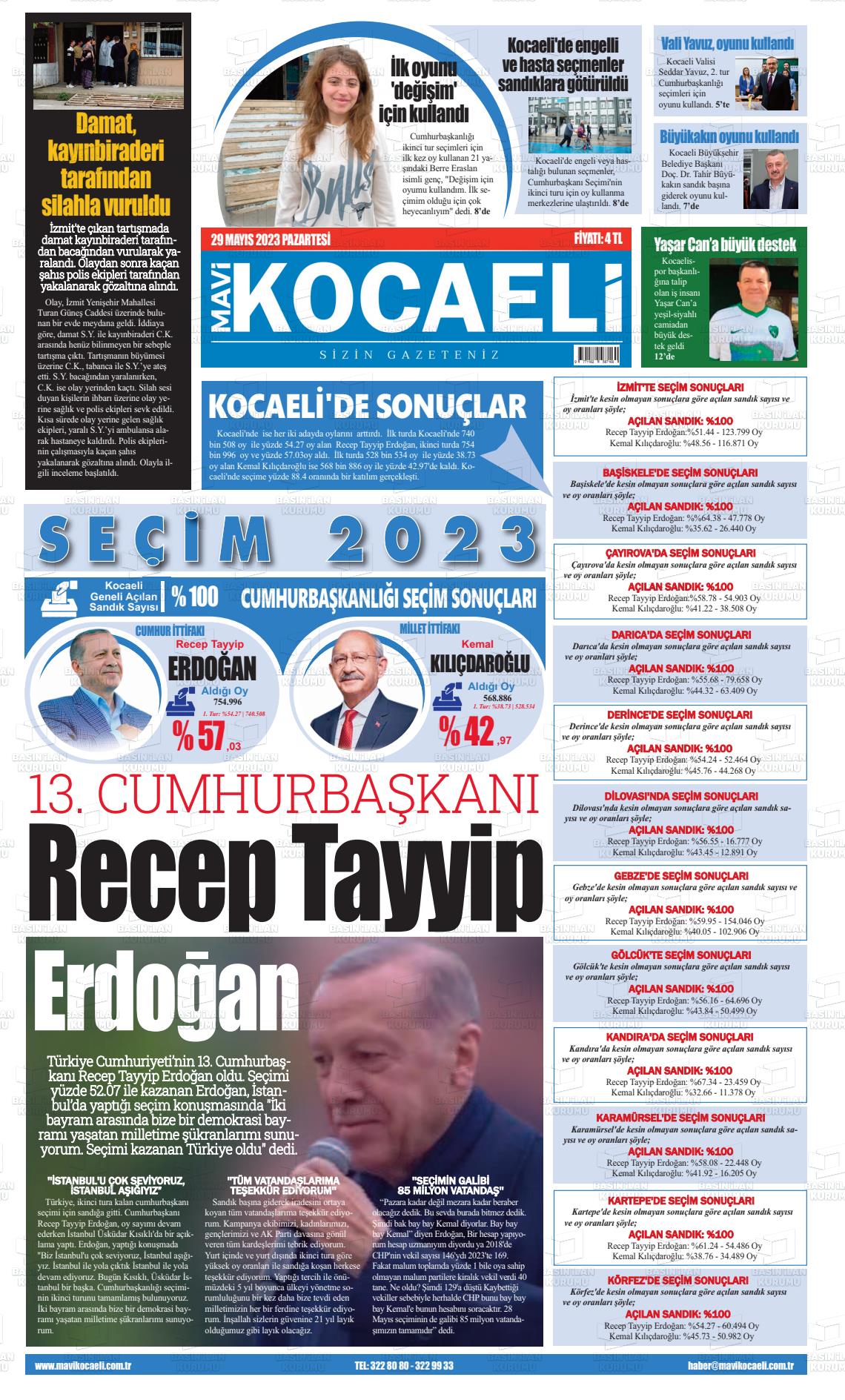29 Mayıs 2023 Mavi Kocaeli Gazete Manşeti