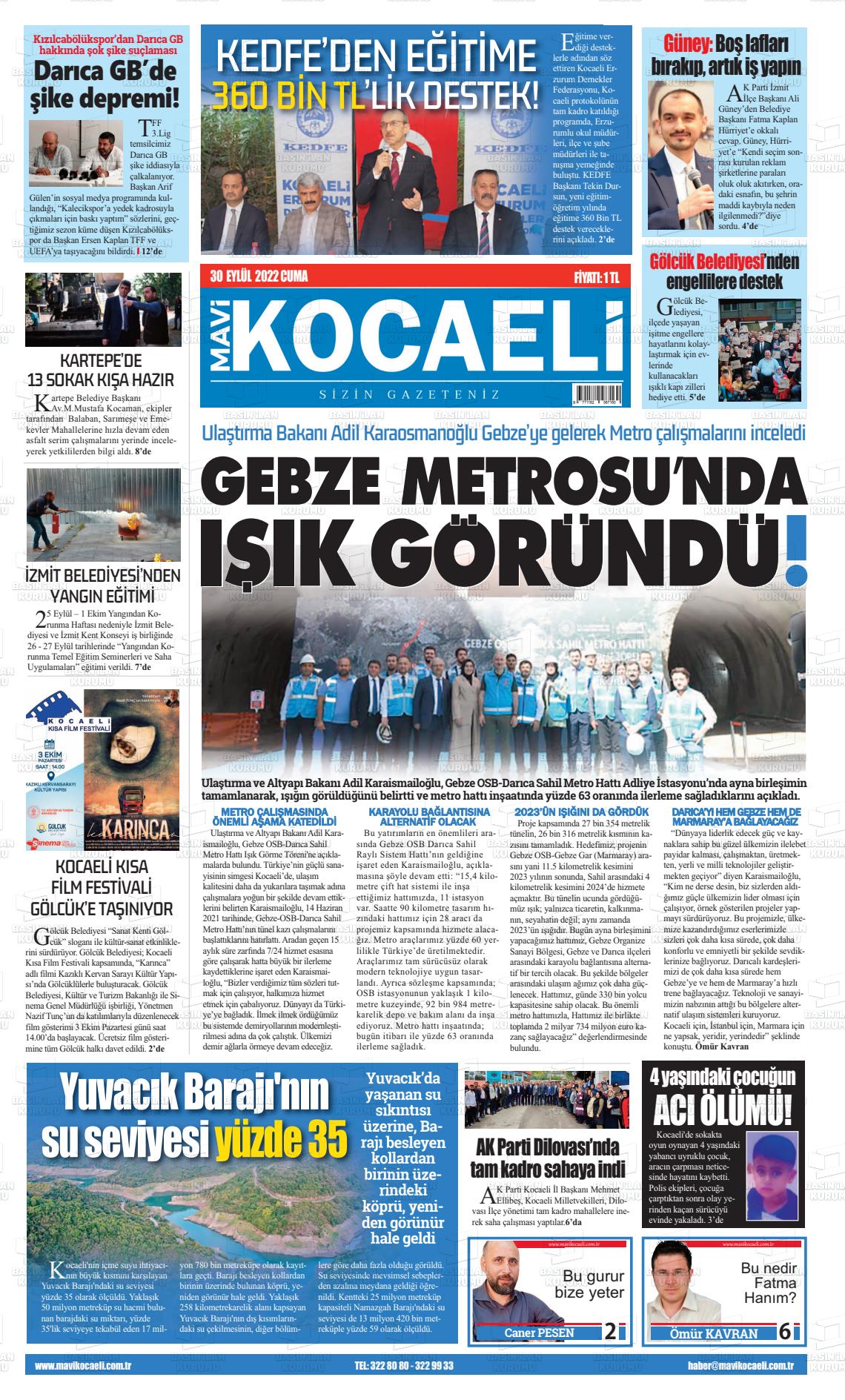 30 Eylül 2022 Mavi Kocaeli Gazete Manşeti