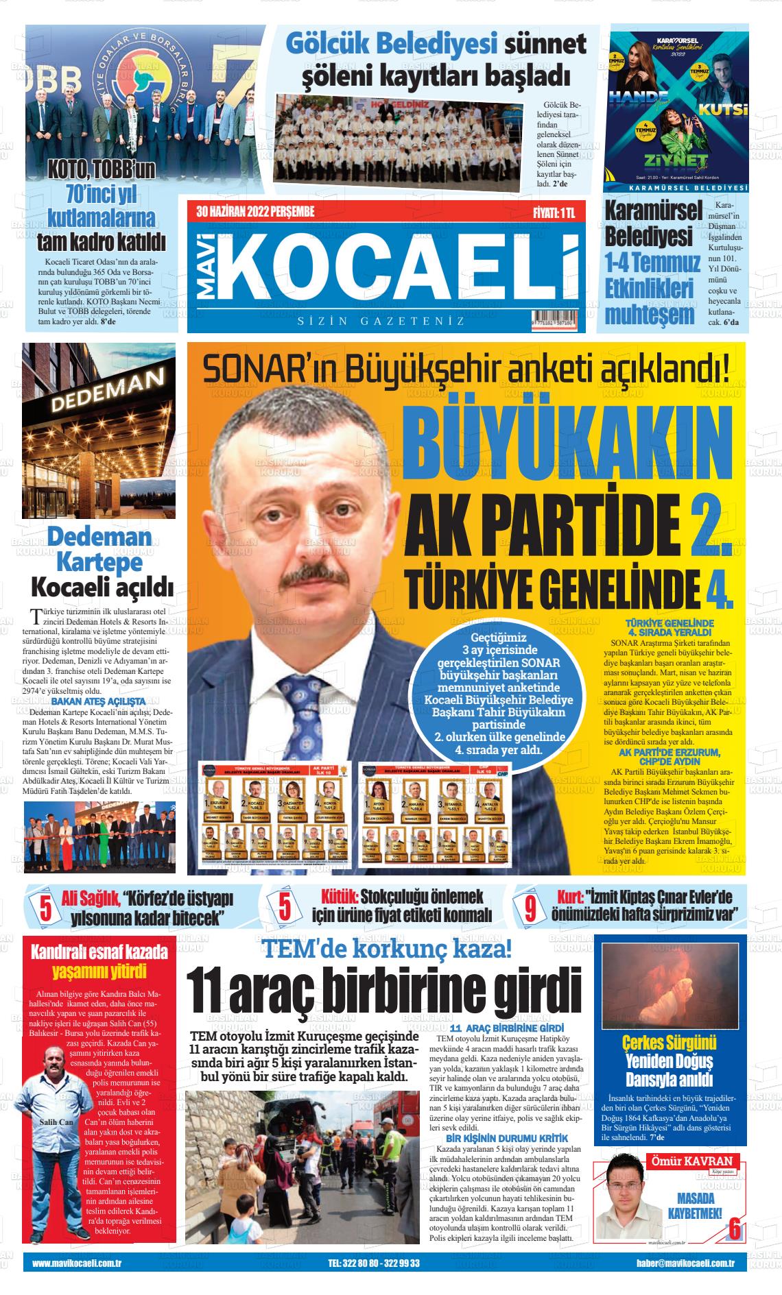 30 Haziran 2022 Mavi Kocaeli Gazete Manşeti