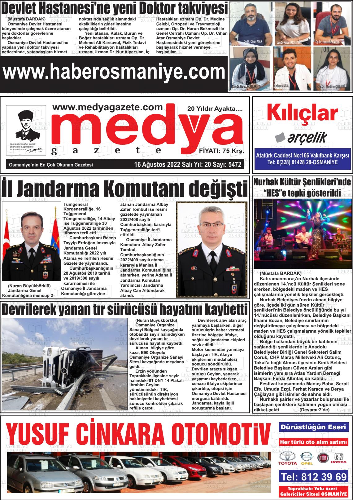 16 Ağustos 2022 Medya Gazete Manşeti
