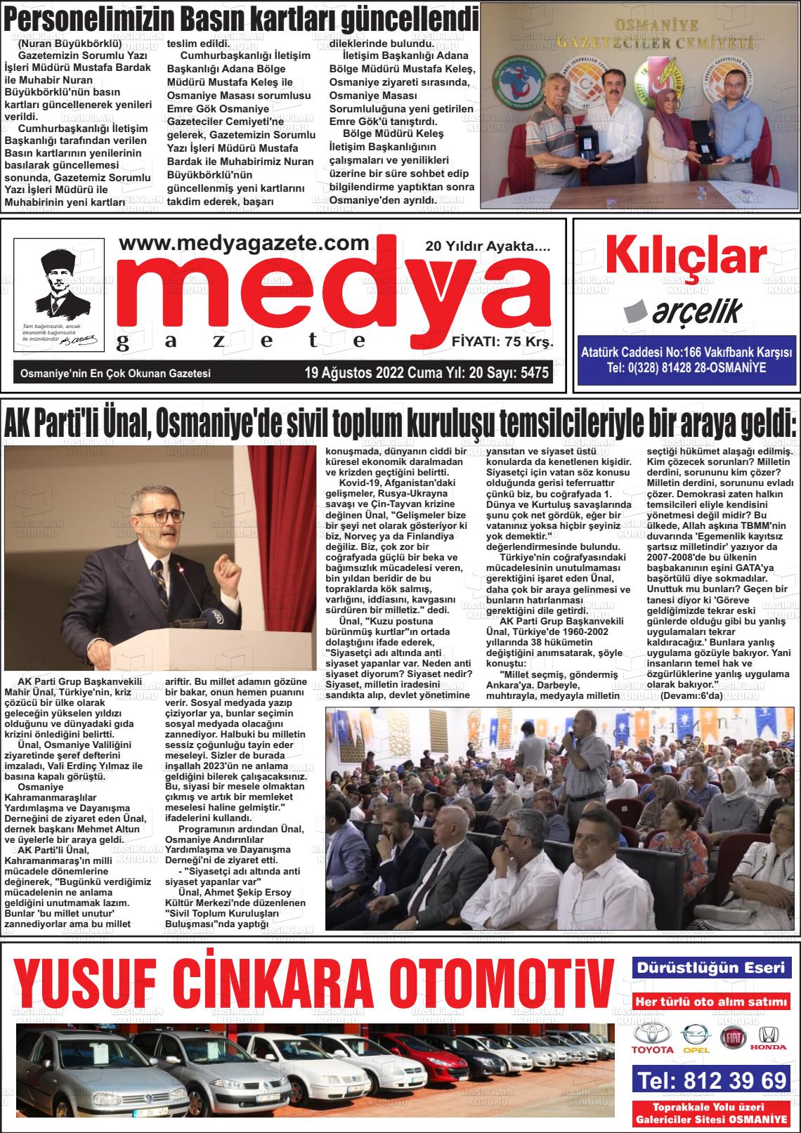 19 Ağustos 2022 Medya Gazete Manşeti