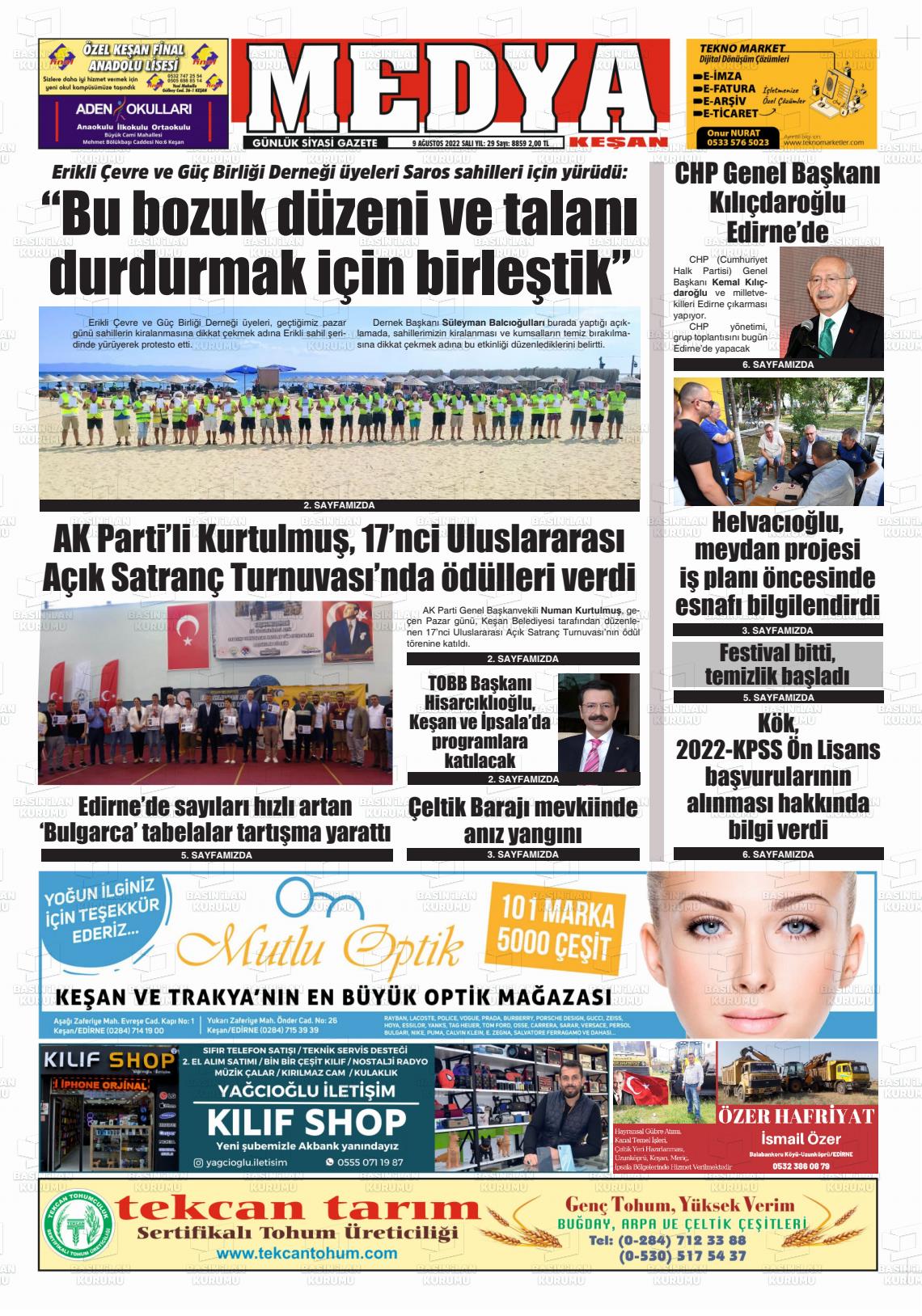09 Ağustos 2022 Medya Keşan Gazete Manşeti